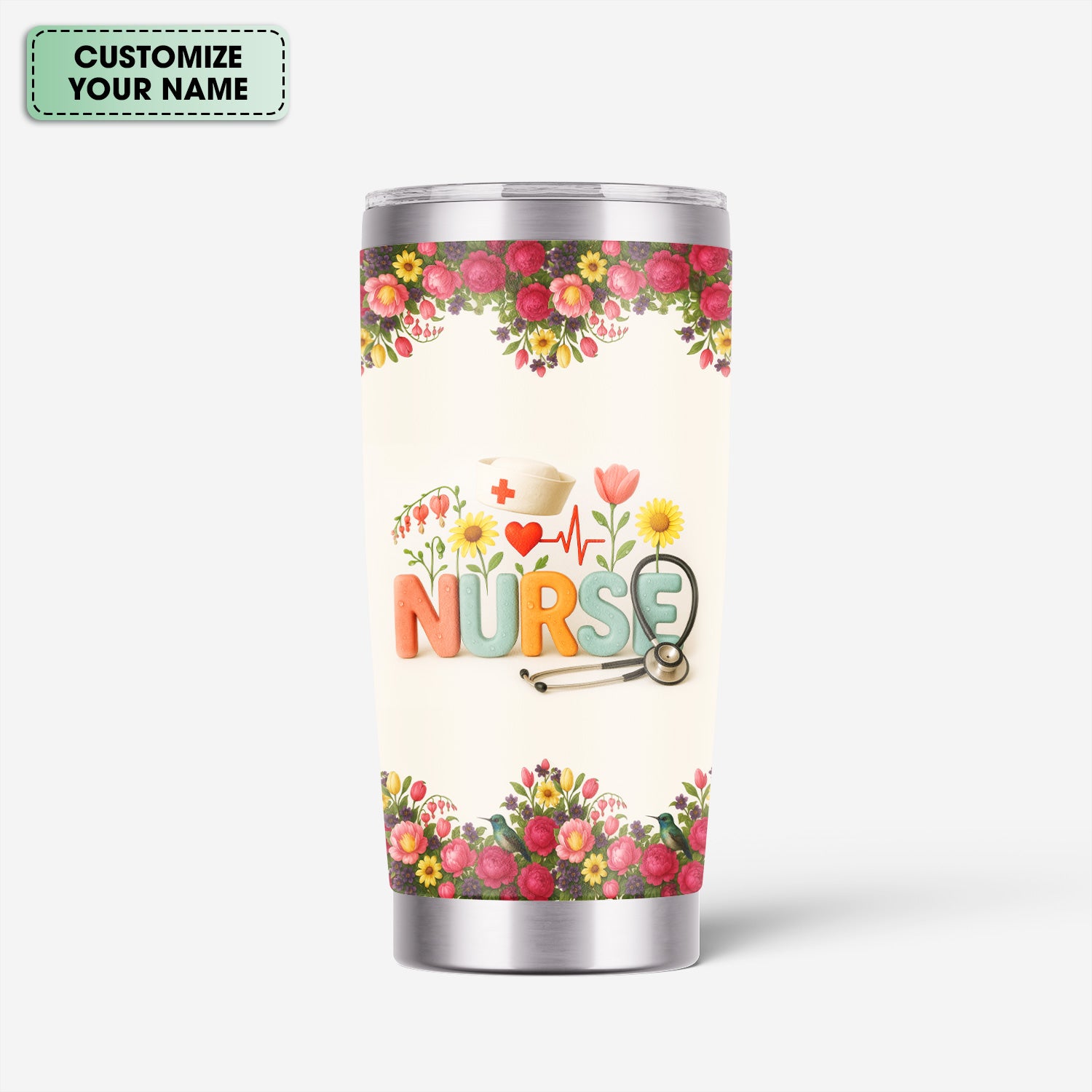 Personalized Floral Nurse Tumbler with Colorful Letters and Name - Cute Stethoscope Design - Thoughtful Gift for RN CNA LPN Women - Nurse Week or Birthday Idea