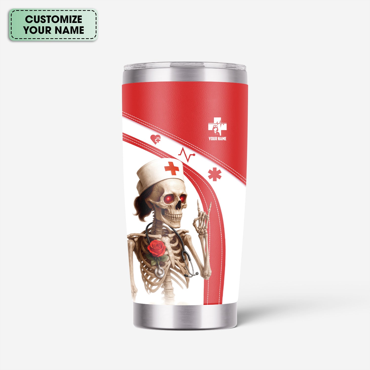 Red and White Skeleton Nurse Life Tumbler - Funny Custom Name Gift for RN LPN CNA - Dark Humor Stainless Cup for Healthcare Workers