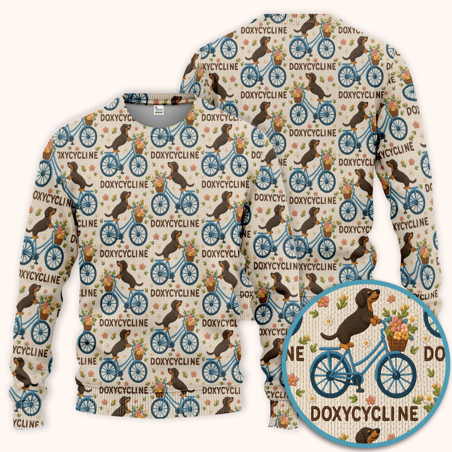 Doxycycline Pharmacy Pun Scrub Set - Dachshund on Bicycle Pharmacists Scrubs Pants and V Neck Top - Veterinary Technicians Gift