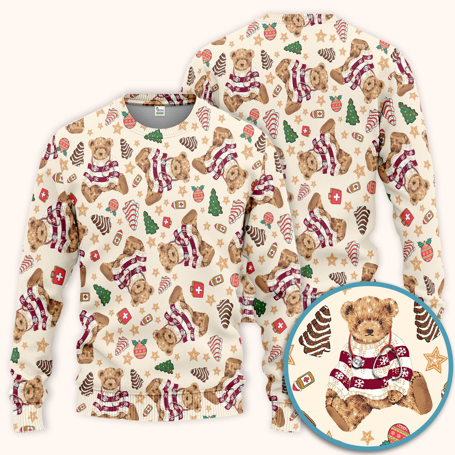 Christmas Teddy Bear Scrub Set for Nurses - Cozy Holiday Pattern with Cute Bear and Medical Icons Scrubs Pants and V Neck Top