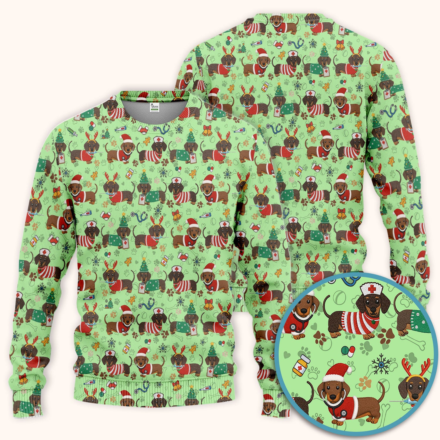 Christmas Wiener Dog Scrub Sets for Nurses - Cute Dachshund Scrubs Pants and V Neck Top - Fun Holiday Gift for Women RN CNA LPN