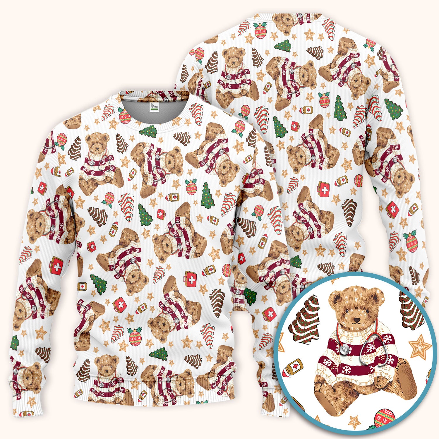 Christmas Teddy Bear Scrub Set for Nurses - Cozy Holiday Pattern with Cute Bear and Medical Icons Scrubs Pants and V Neck Top