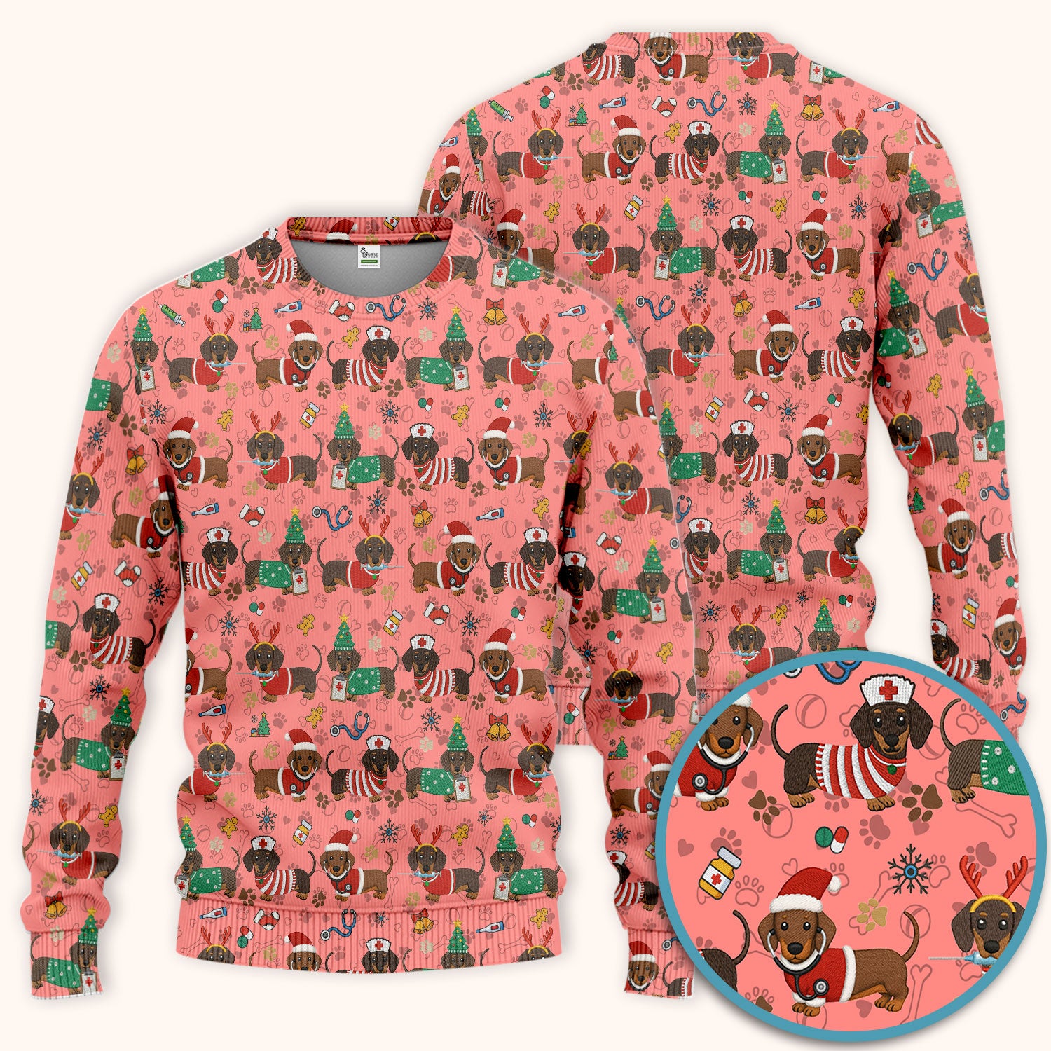 Christmas Wiener Dog Scrub Sets for Nurses - Cute Dachshund Scrubs Pants and V Neck Top - Fun Holiday Gift for Women RN CNA LPN