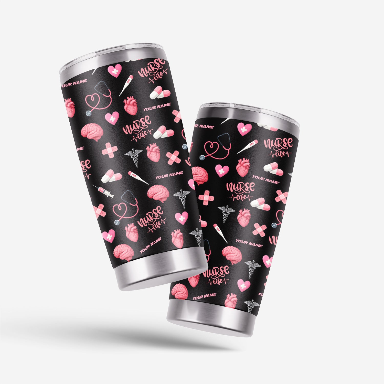 Custom Nurse Tumbler for Women - Nurse Life Design with Brain Heart Pill Graphics - Personalized Gift Idea for RN CNA LPN Healthcare Workers