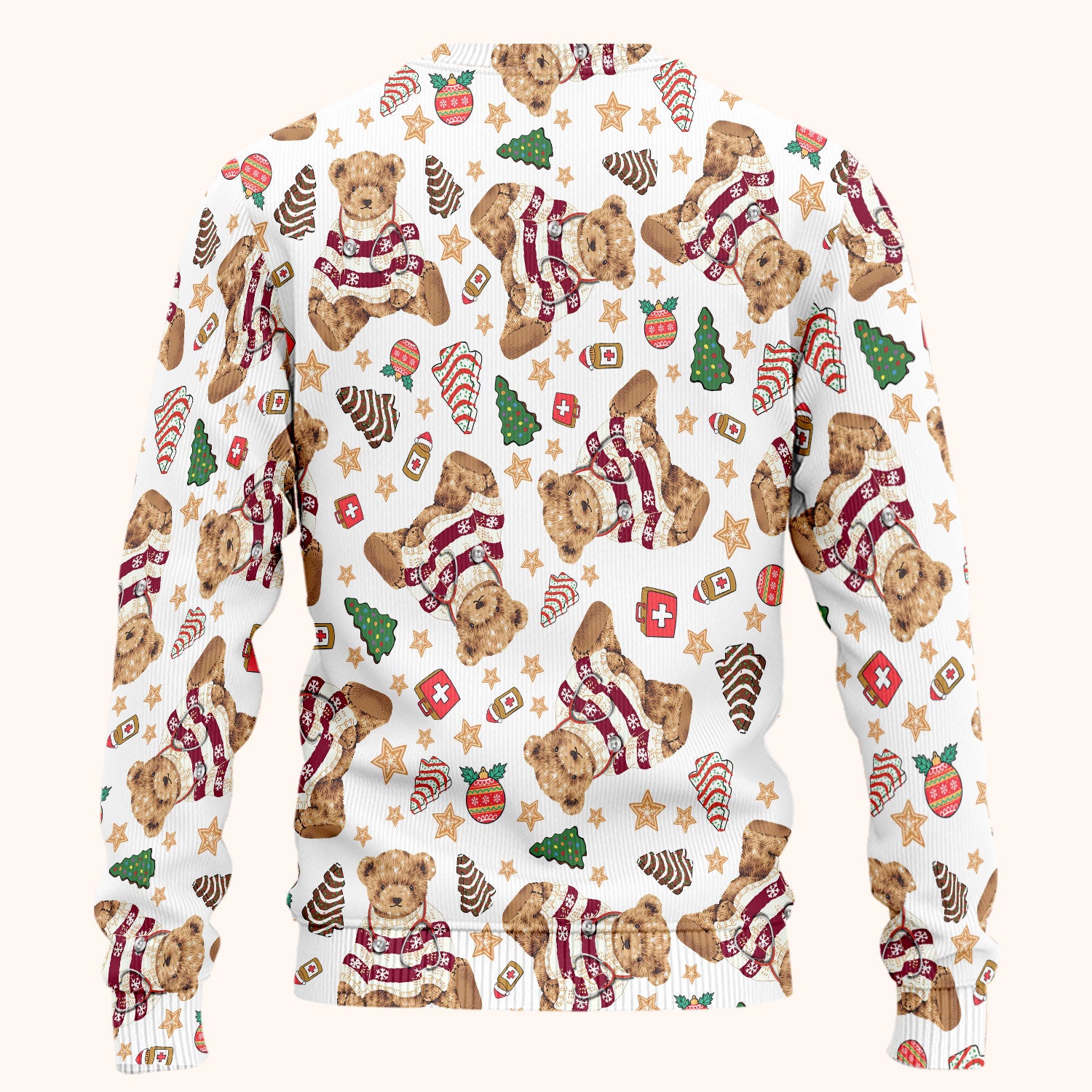 Christmas Teddy Bear Scrub Set for Nurses - Cozy Holiday Pattern with Cute Bear and Medical Icons Scrubs Pants and V Neck Top