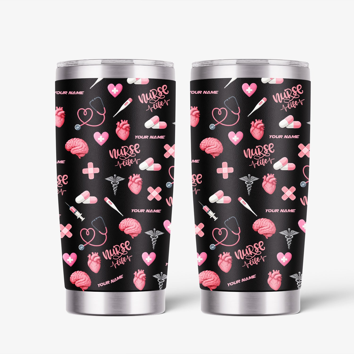 Custom Nurse Tumbler for Women - Nurse Life Design with Brain Heart Pill Graphics - Personalized Gift Idea for RN CNA LPN Healthcare Workers