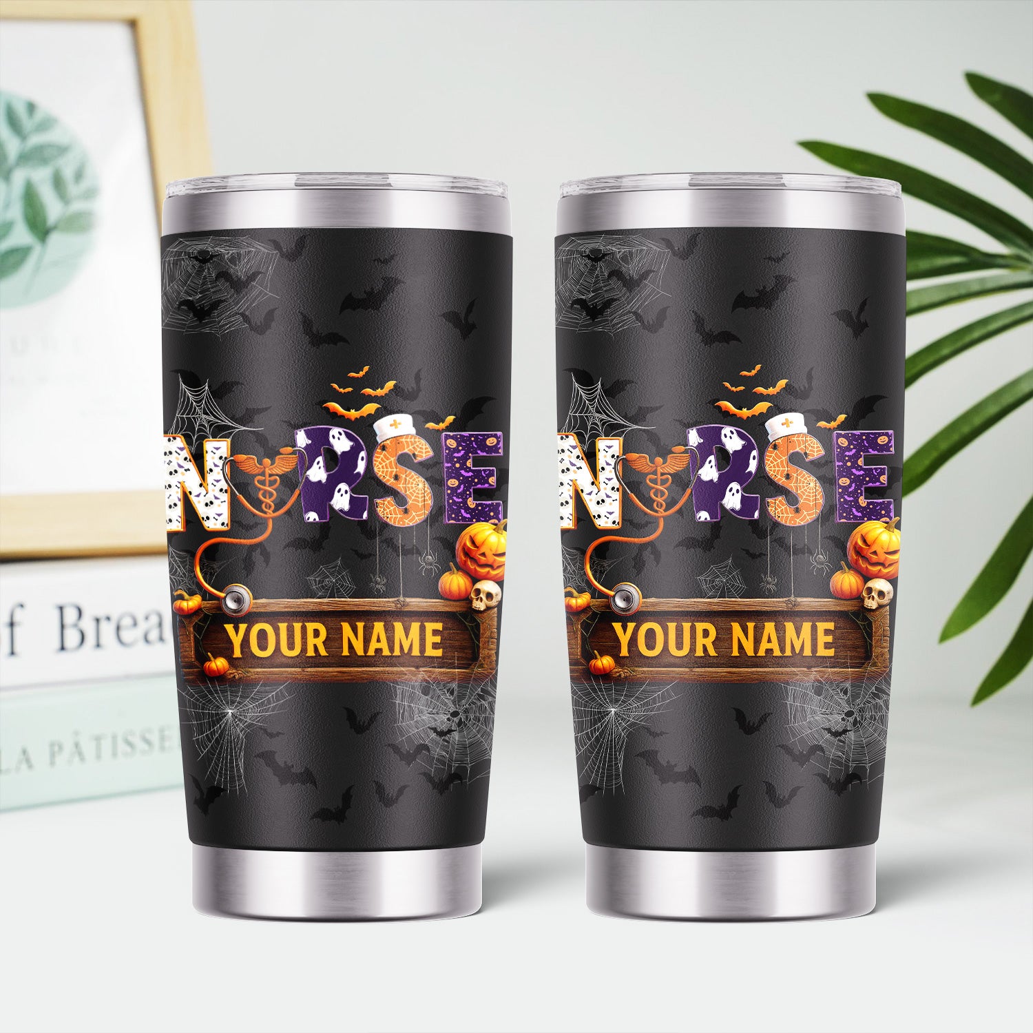 Funny Halloween Nurse Tumbler - Personalized Name & Stethoscope Design - Spooky 'Nurse' with Pumpkins and Bats - Ideal for RN, CNA, LPN Healthcare Workers