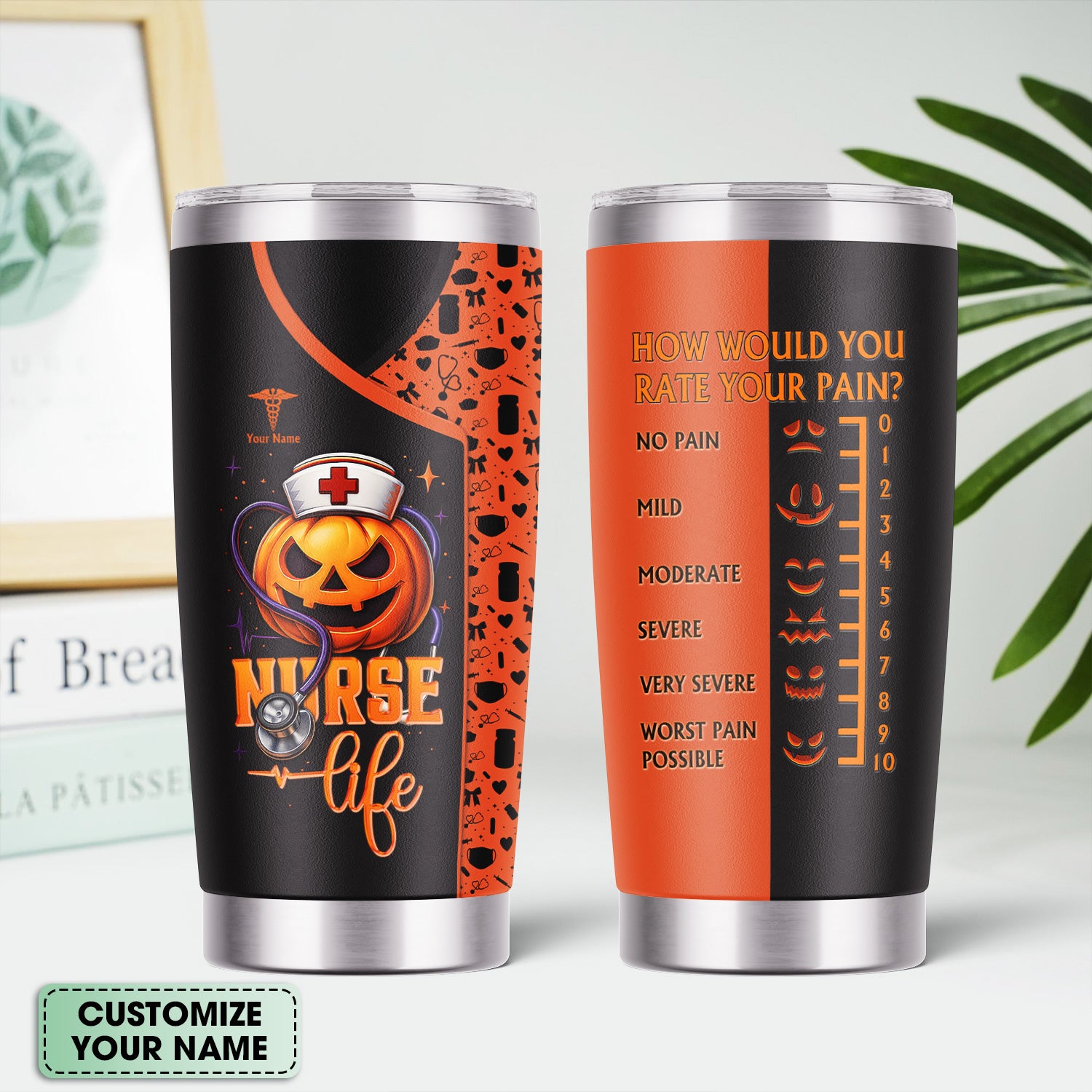 Custom Halloween Nurse Tumbler - Funny Pumpkin Pain Scale Medical Design - Gift for RN, CNA, LPN Healthcare Worker