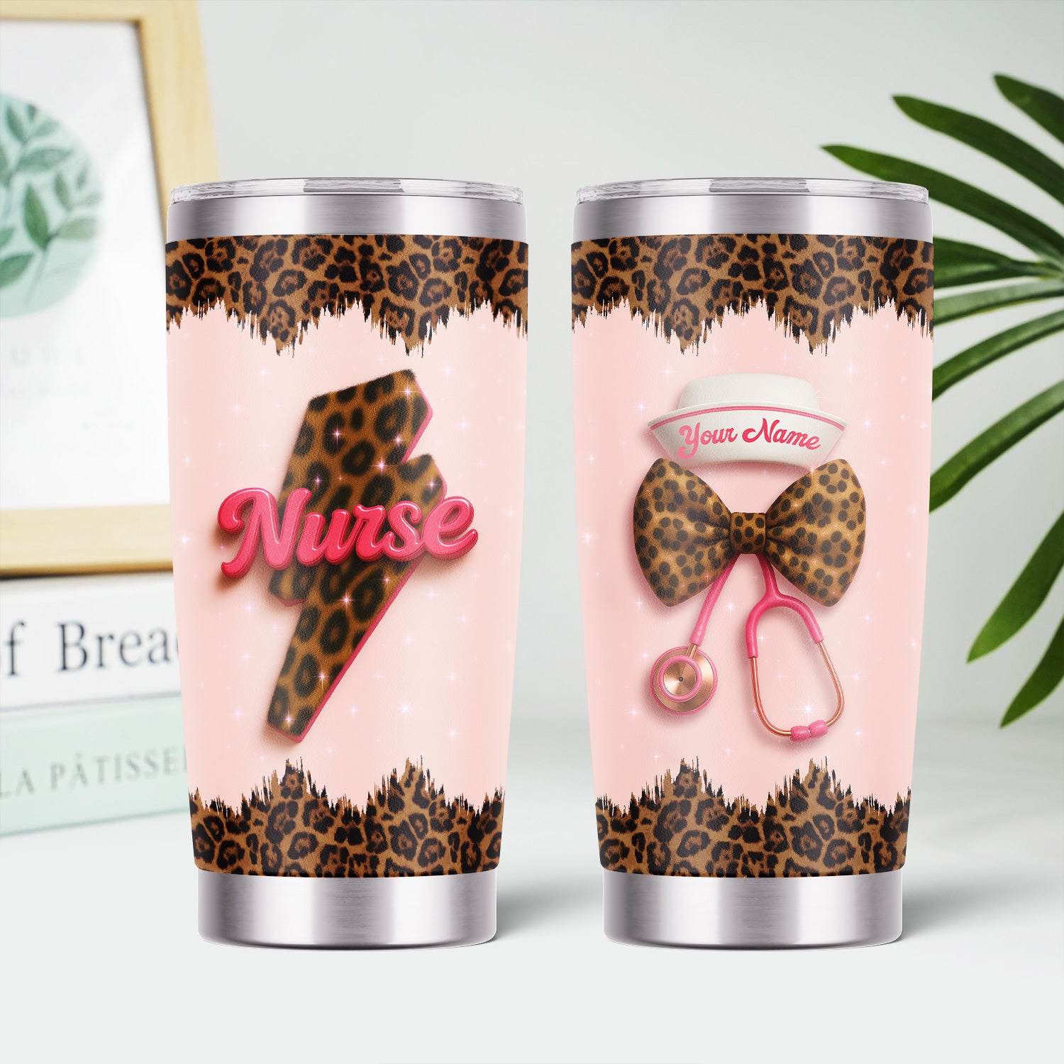 Personalized Leopard Nurse Tumbler - Cute Stethoscope & Heart Bow Design - Custom Tumbler for RN CNA LPN Healthcare Professionals