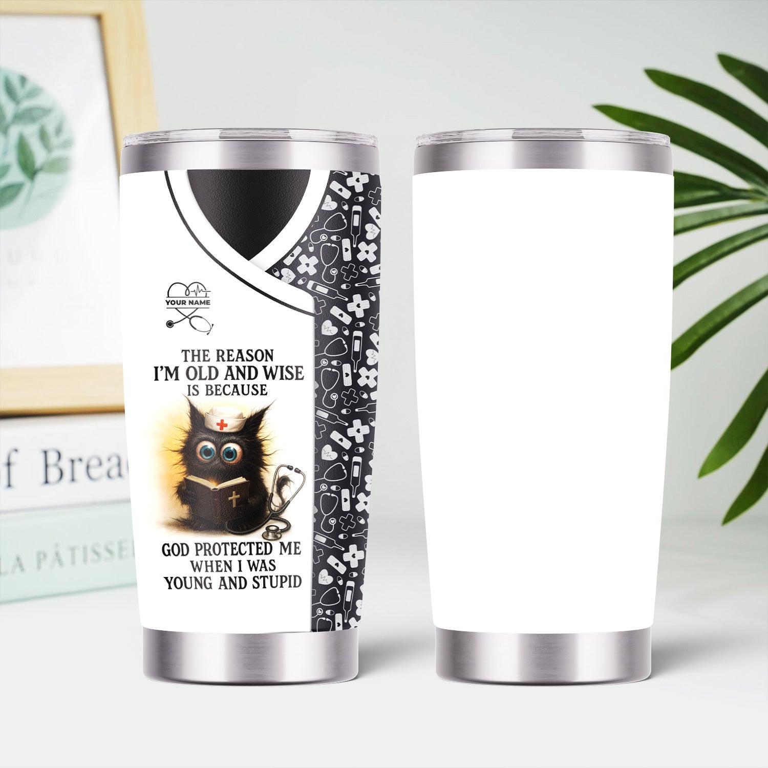 Personalized Nursing Tumbler for Women - Adorable Cat Cartoon with Bible Nurse Design - Funny Medical Gift for RN LPN CNA Staff