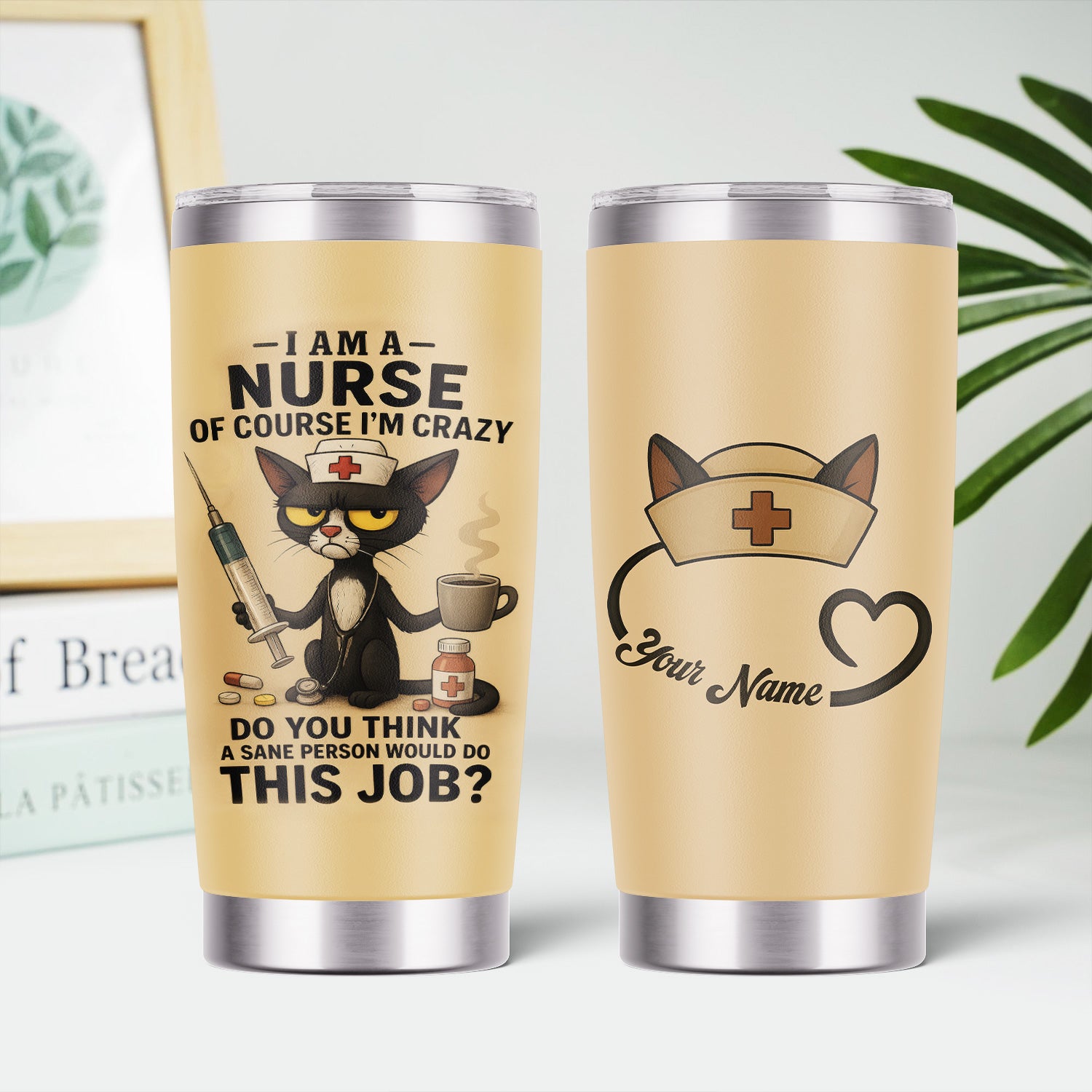 Custom Funny Nurse Tumbler - Angry Cat Design with Syringe Coffee & Pills - Hilarious Gift for Women RN CNA LPN