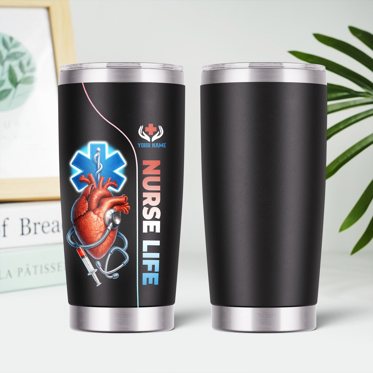 Custom Name Nurse Tumbler - Realistic Heart with Syringe & Caduceus Symbol - Medical Gift for Healthcare Worker
