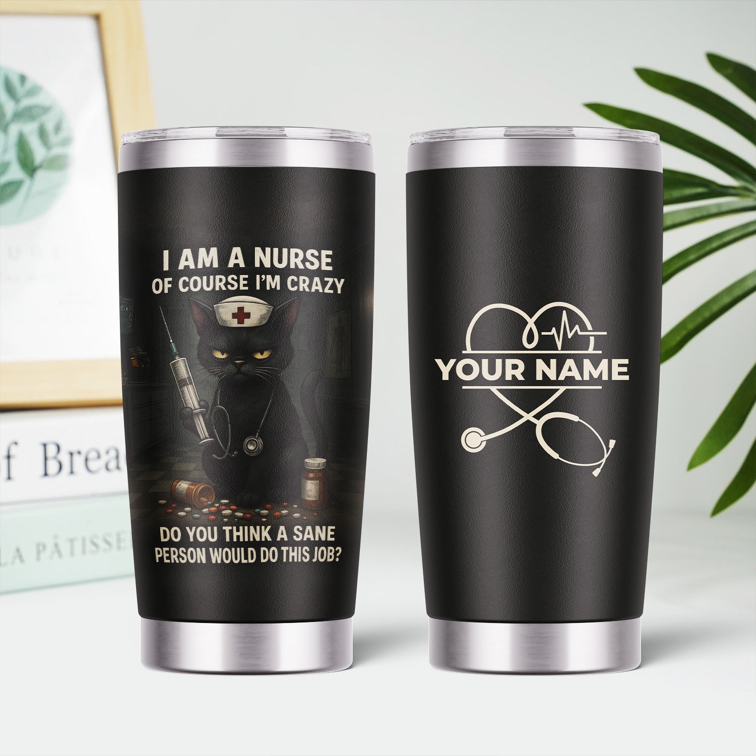 Custom Name Funny Nurse Tumbler - Crazy Cat Nurse with Syringe Quote - Dark Humor Gift for RN CNA LPN