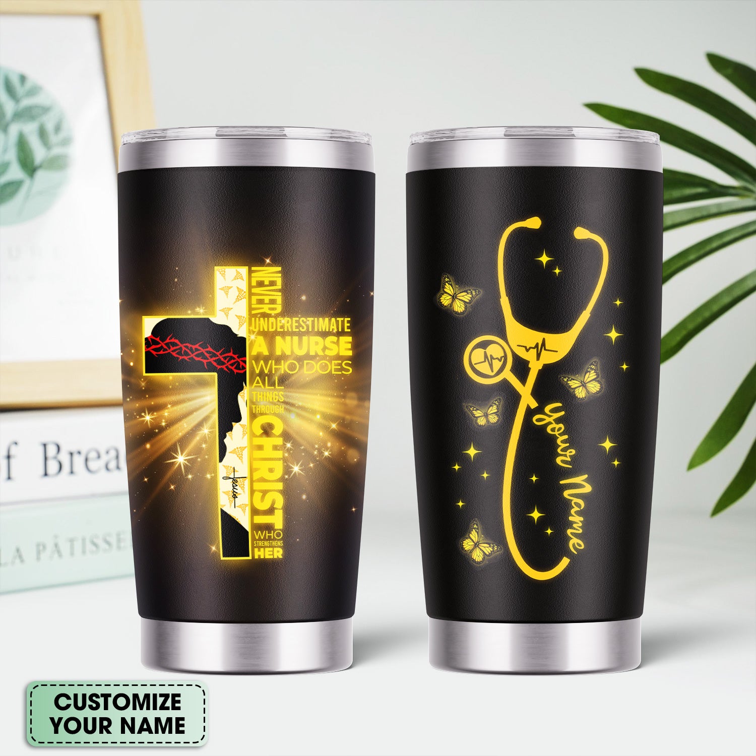 Personalized Christian Nurse Tumbler - Jesus Cross & Stethoscope with Butterflies - Custom Name Gift for Women RN LPN
