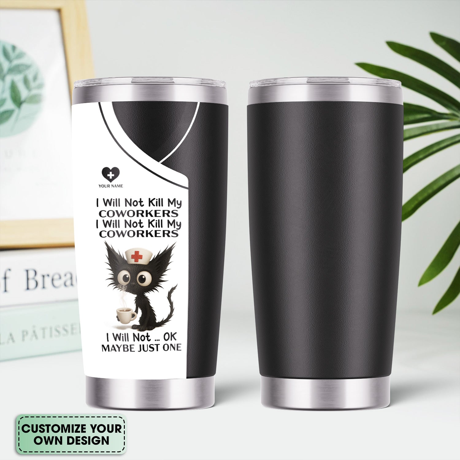 Custom Name Nurse Tumbler - Sarcastic Cat and Coffee Design for RN LPN CNA - Funny Medical Coworker Gift