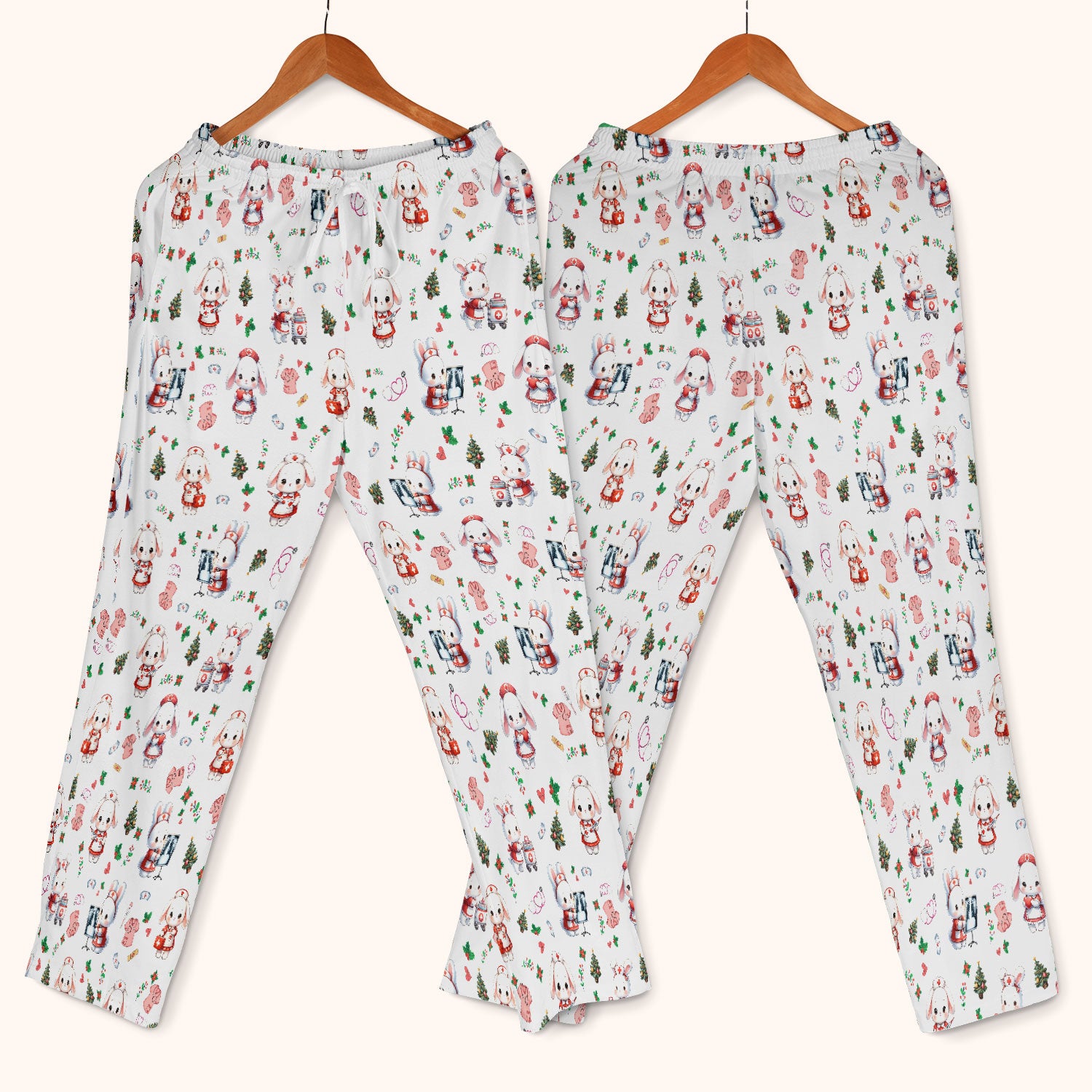 Comfortable Scrubs Sets for Nurses - Funny Bunny Scrub Pants and V Neck Top - Rabbit Christmas Med Uniform for Women