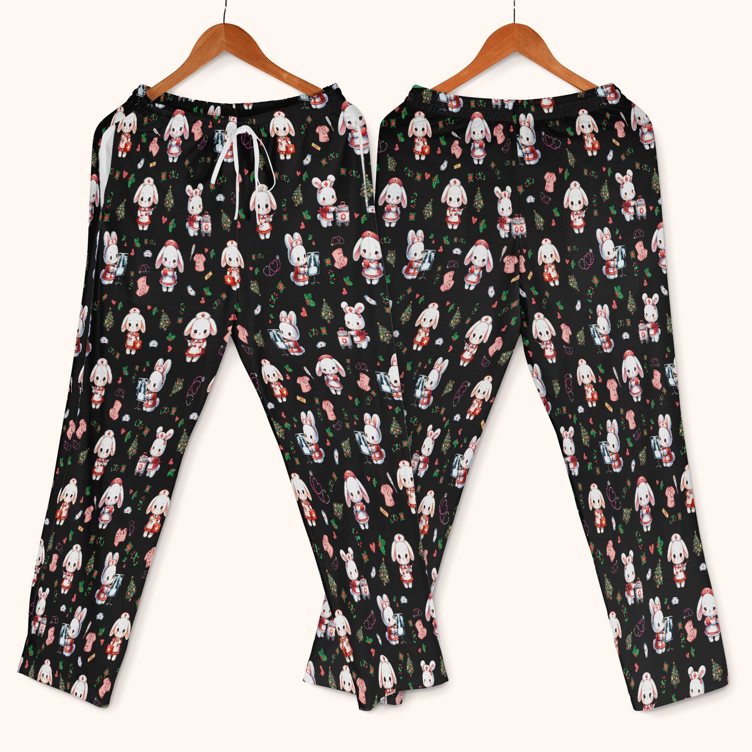 Comfortable Scrubs Sets for Nurses - Funny Bunny Scrub Pants and V Neck Top - Rabbit Christmas Med Uniform for Women