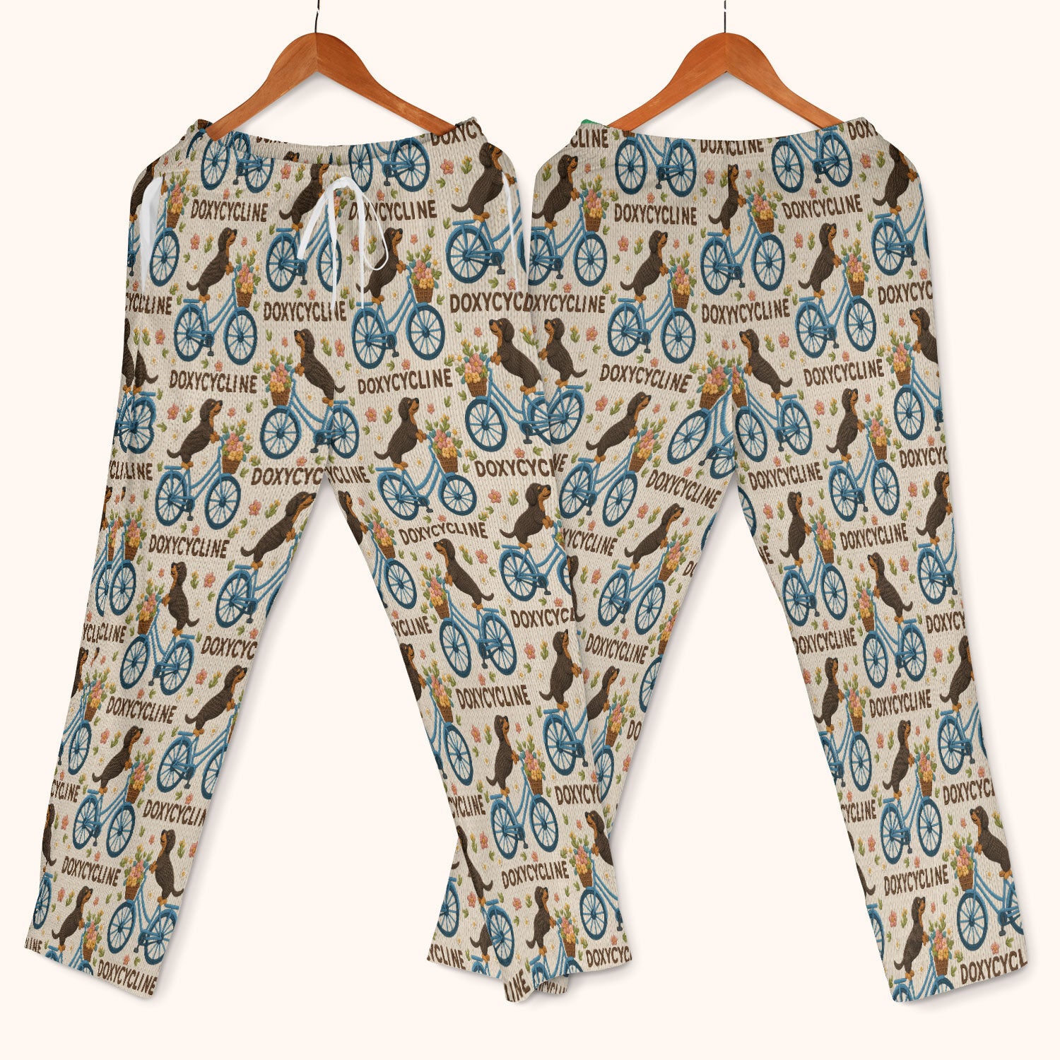 Doxycycline Pharmacy Pun Scrub Set - Dachshund on Bicycle Pharmacists Scrubs Pants and V Neck Top - Veterinary Technicians Gift