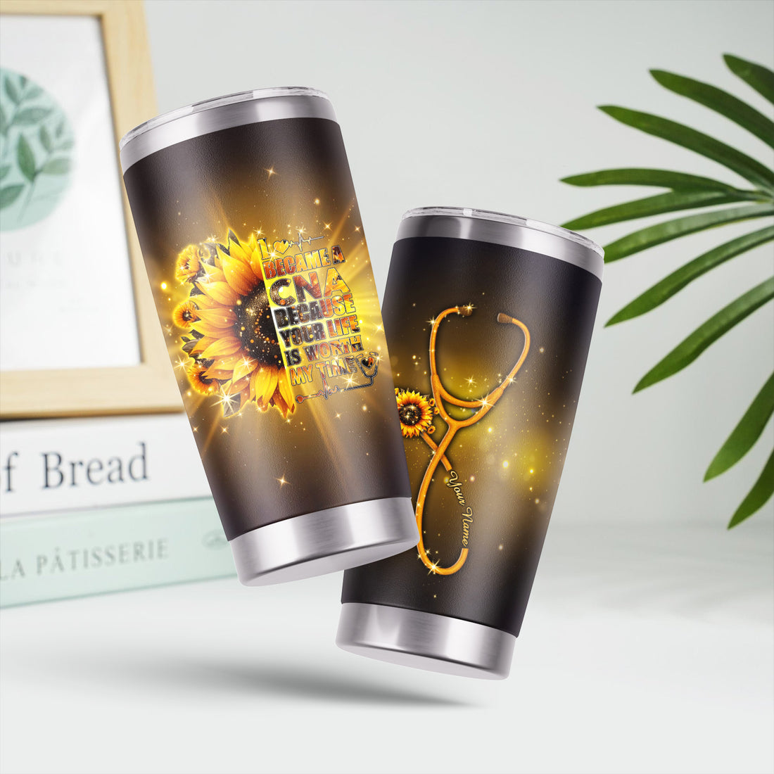 Custom CNA Floral Tumbler - Stethoscope Sunflower Graphic Design - Gift for RN LPN Healthcare Workers