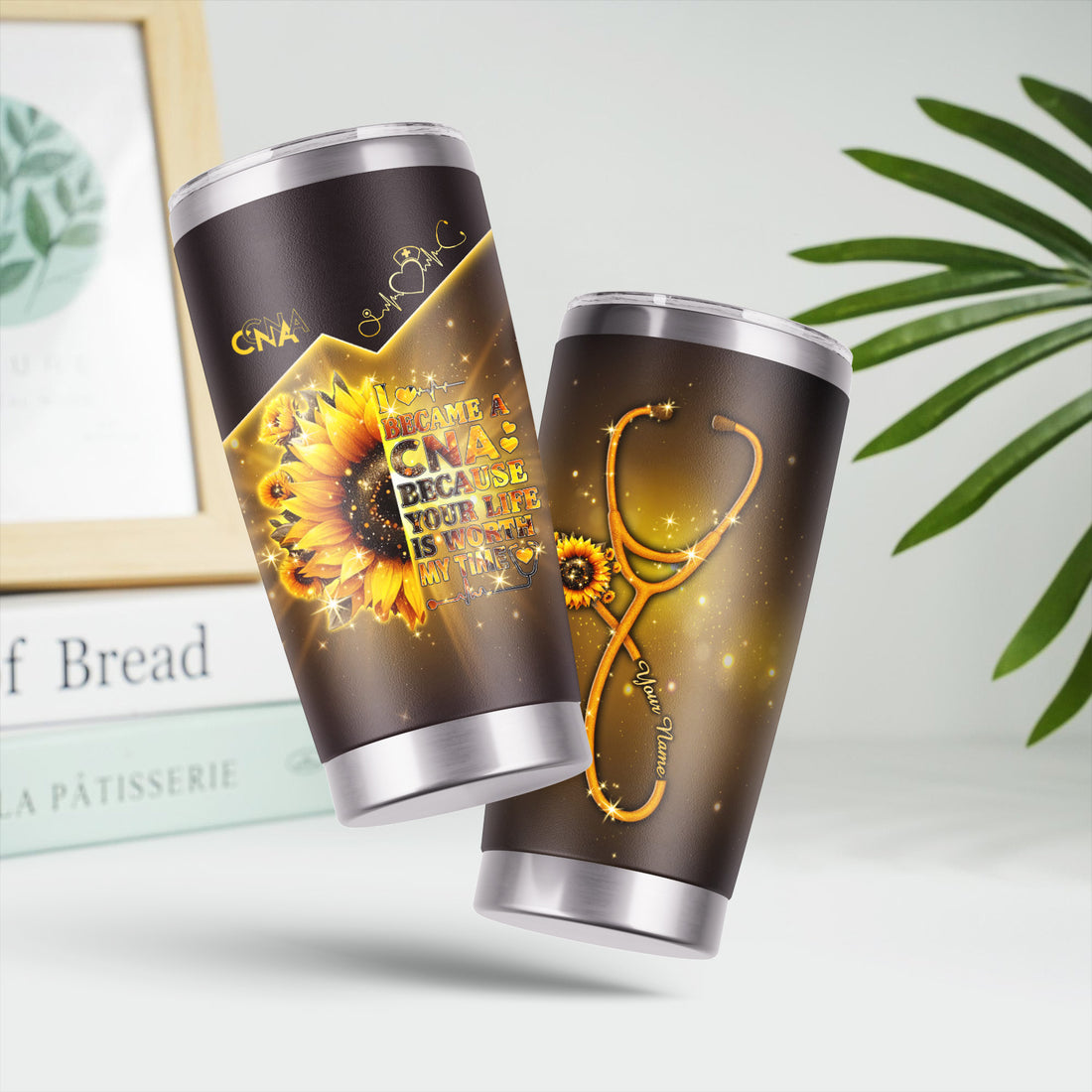 Personalized CNA Floral Tumbler - Stethoscope Sunflower Graphic Design - Gift for RN LPN CNA