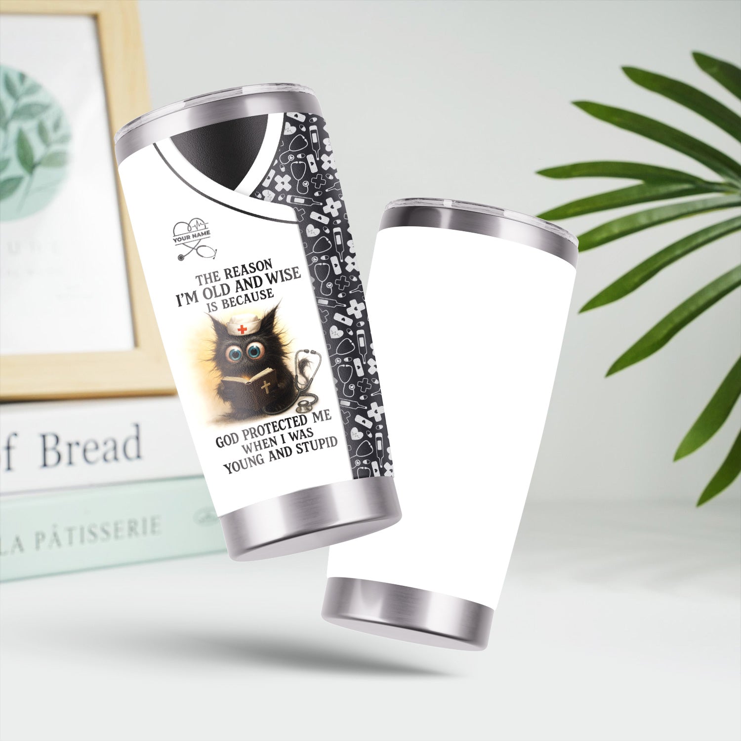 Personalized Nursing Tumbler for Women - Adorable Cat Cartoon with Bible Nurse Design - Funny Medical Gift for RN LPN CNA Staff