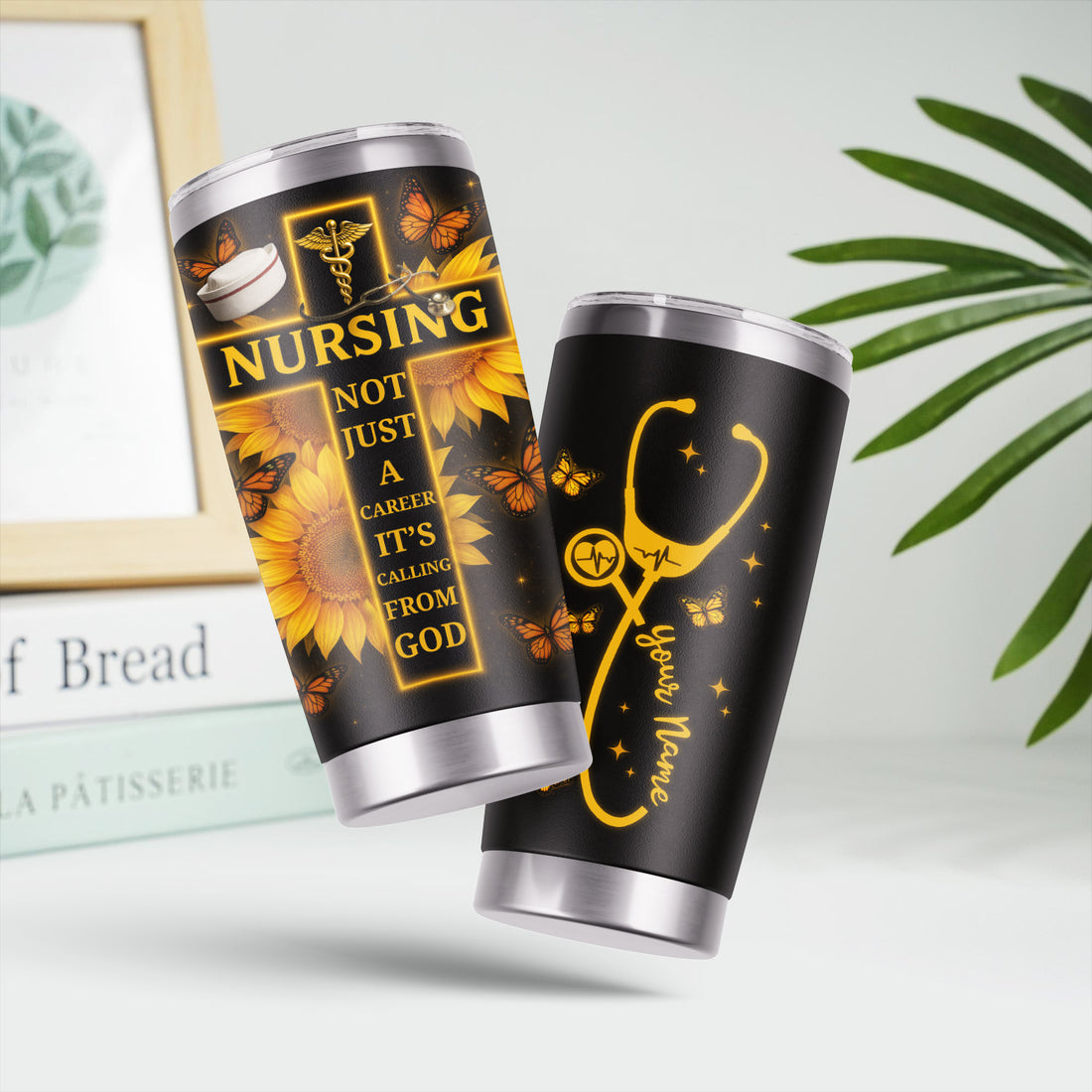 Custom Christian Nurse Tumbler - Faith-Based Gift with Stethoscope & Sunflower Cross - Great Gift for Christian RN CNA LPN Women