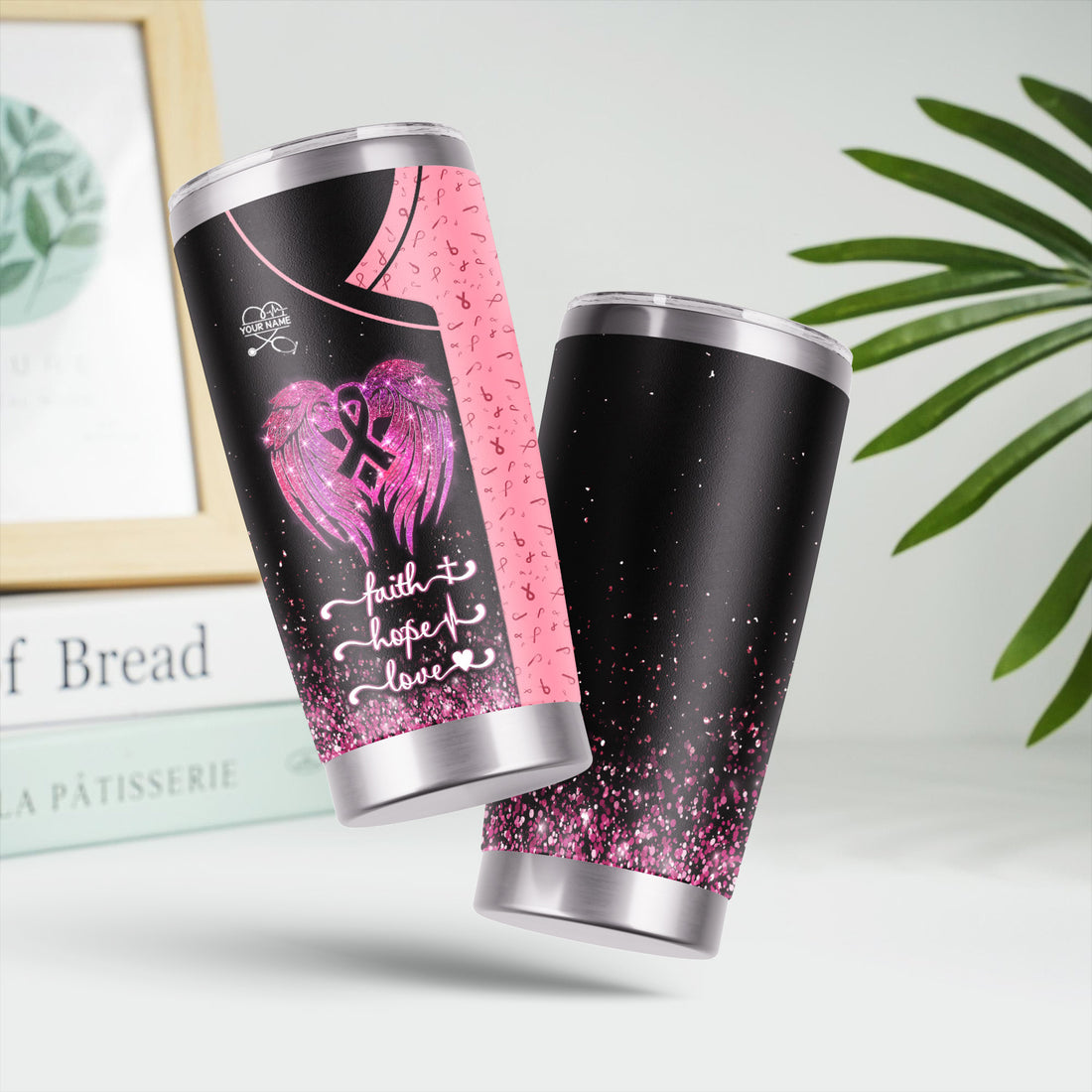 Custom Breast Cancer Awareness Tumbler - Faith Hope Love & Angel Wings - Gift for RN LPN CNA Women