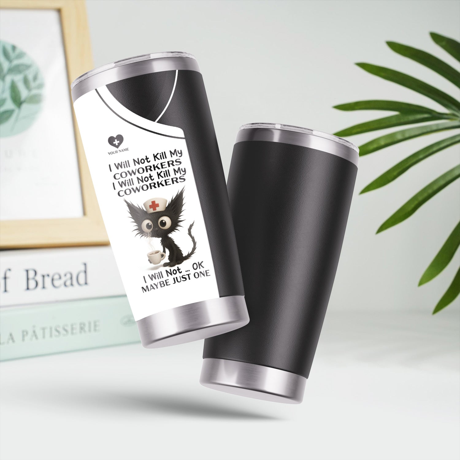 Custom Name Nurse Tumbler - Sarcastic Cat and Coffee Design for RN LPN CNA - Funny Medical Coworker Gift