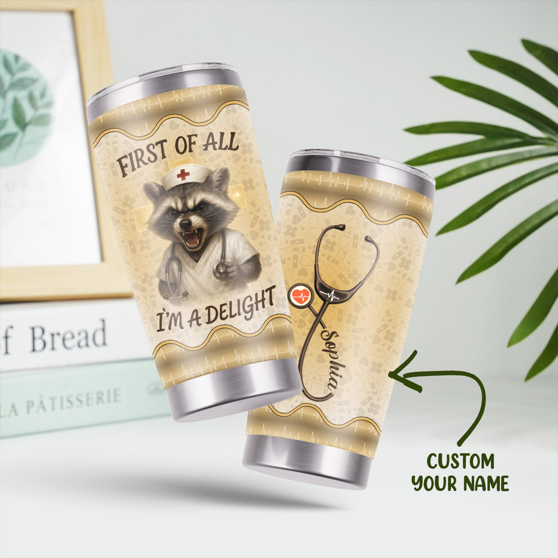 Funny Nurse Tumbler - First Of All I'm A Delight - Personalized Raccoon Mug with Name - Gift for RN CNA LPN Women - Stainless Steel Travel Cup