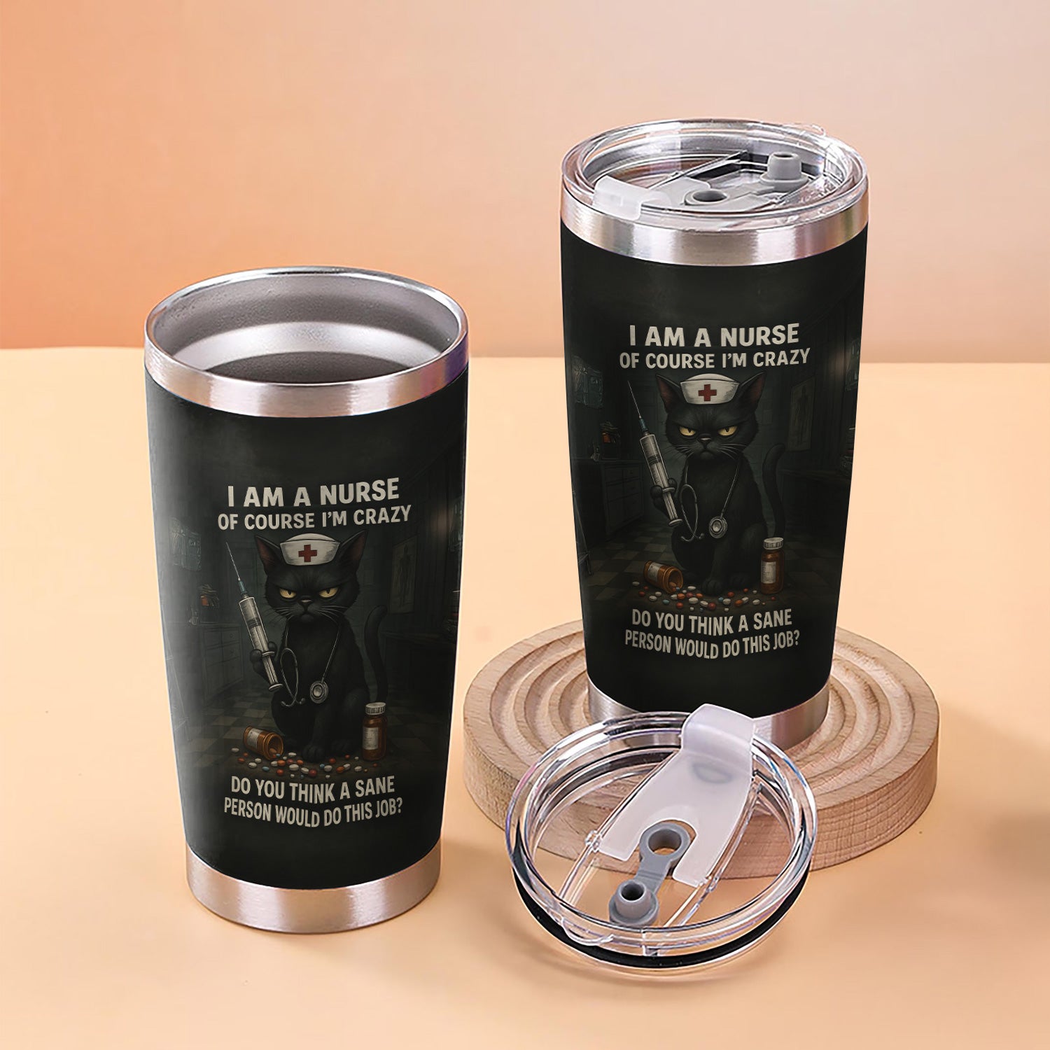 Custom Name Funny Nurse Tumbler - Crazy Cat Nurse with Syringe Quote - Dark Humor Gift for RN CNA LPN