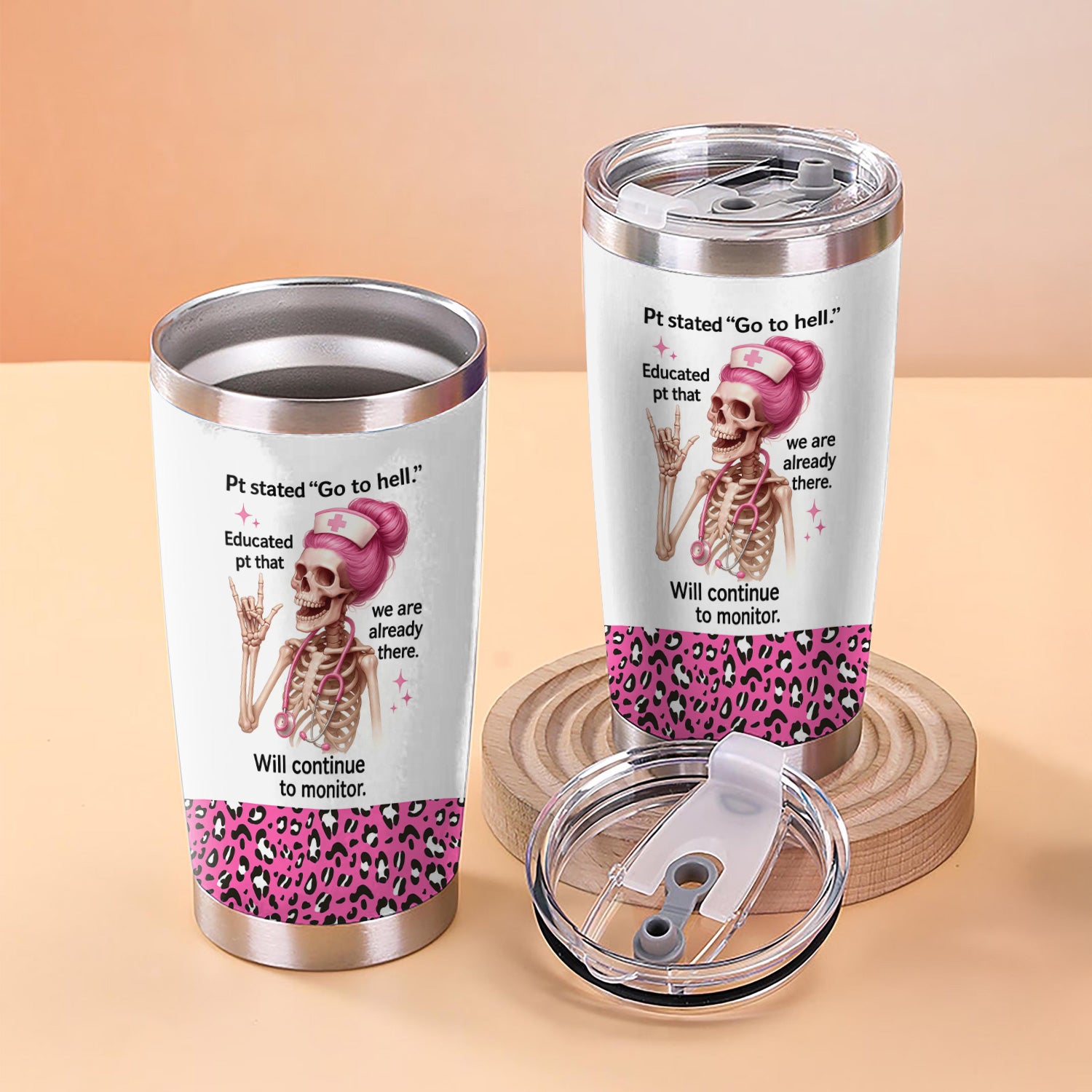 Hilarious Skeleton Nurse Tumbler - Pink Hair, Quote & Leopard Design - Personalized Gift for Sassy Nurses