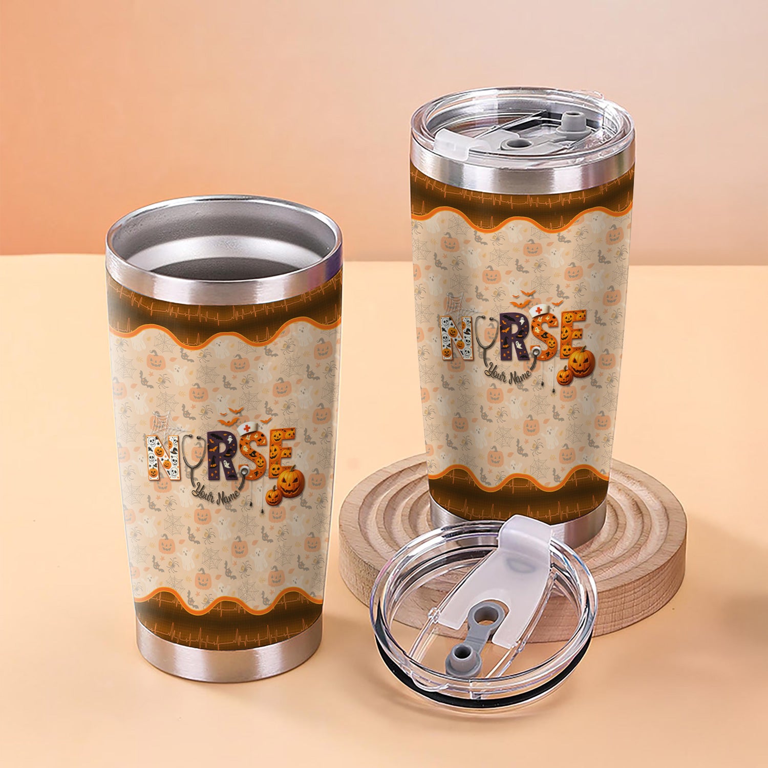 Personalized Nurse Halloween Tumbler - You Can't Scare Me Pumpkin Design - Custom Text Gift for RN CNA LPN Healthcare Workers
