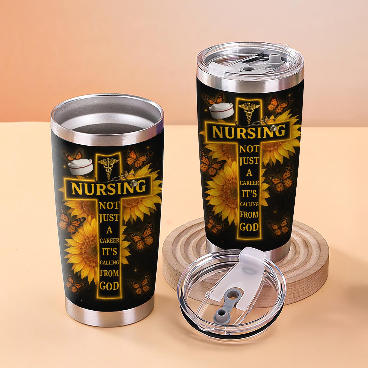 Custom Christian Nurse Tumbler - Faith-Based Gift with Stethoscope & Sunflower Cross - Great Gift for Christian RN CNA LPN Women