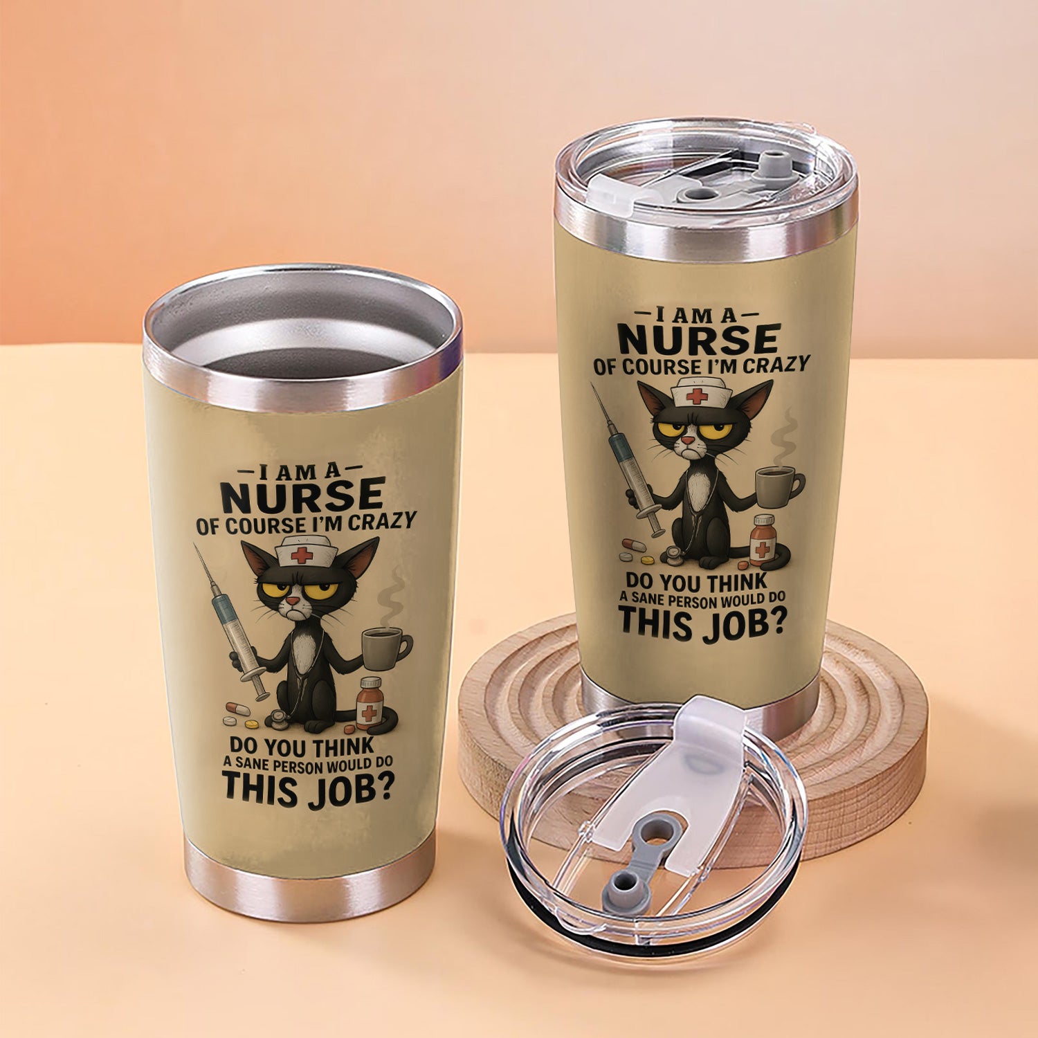 Custom Funny Nurse Tumbler - Angry Cat Design with Syringe Coffee & Pills - Hilarious Gift for Women RN CNA LPN