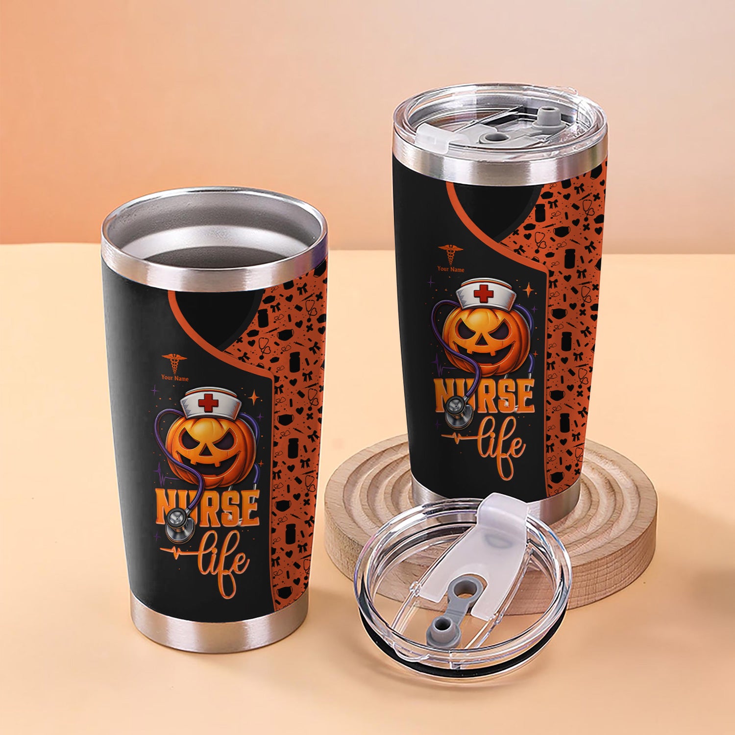 Custom Halloween Nurse Tumbler - Funny Pumpkin Pain Scale Medical Design - Gift for RN, CNA, LPN Healthcare Worker