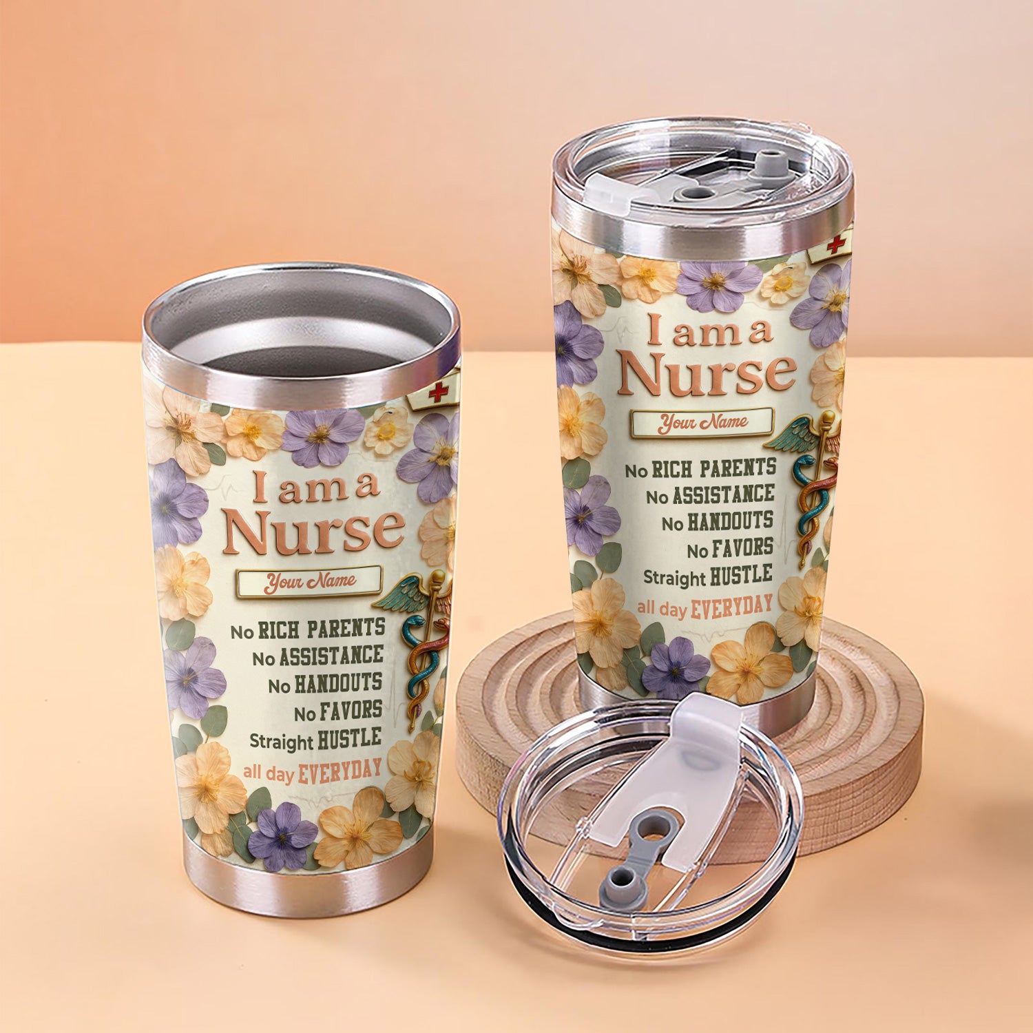 Personalized Nurse Life Tumbler For Her - Funny Hustle Quote for RN LPN CNA - Cute Floral & Nutrition Facts Design