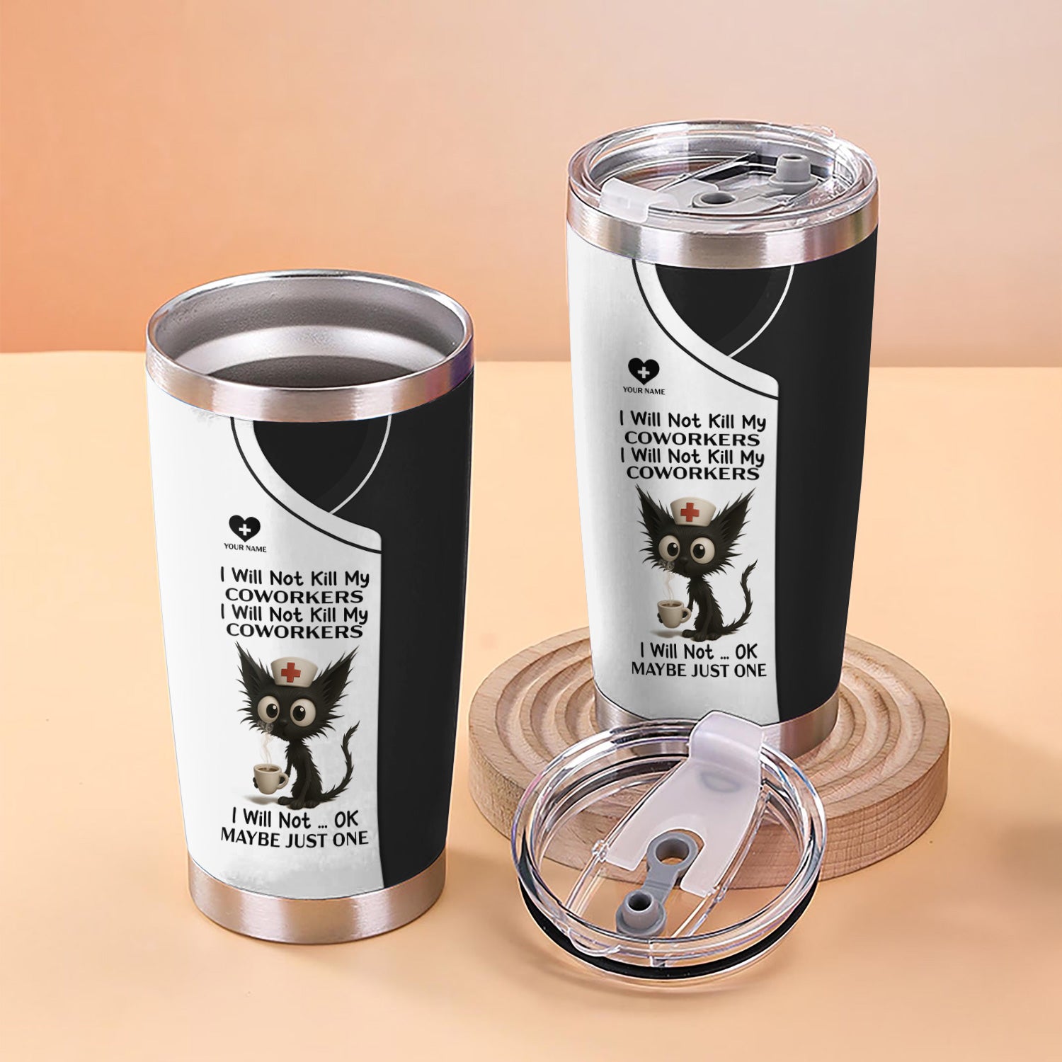 Custom Name Nurse Tumbler - Sarcastic Cat and Coffee Design for RN LPN CNA - Funny Medical Coworker Gift