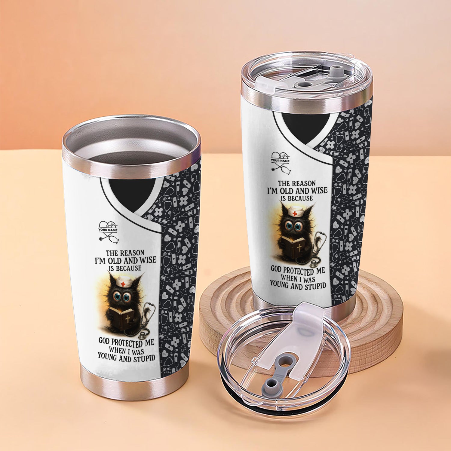 Personalized Nursing Tumbler for Women - Adorable Cat Cartoon with Bible Nurse Design - Funny Medical Gift for RN LPN CNA Staff