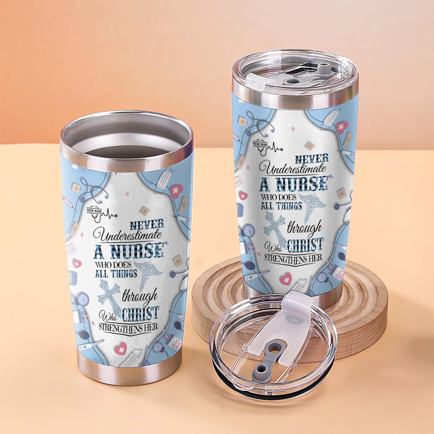 Personalized Christian Nurse Tumbler for RN LPN CNA - Custom Name All Things Through Christ Quote - Faith Medical Gift for Healthcare Workers