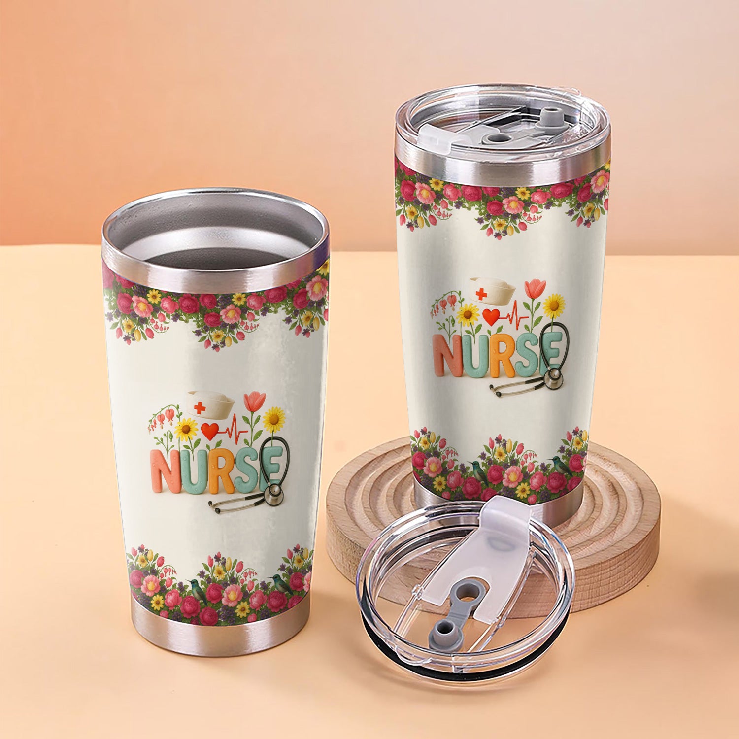 Personalized Floral Nurse Tumbler with Colorful Letters and Name - Cute Stethoscope Design - Thoughtful Gift for RN CNA LPN Women - Nurse Week or Birthday Idea