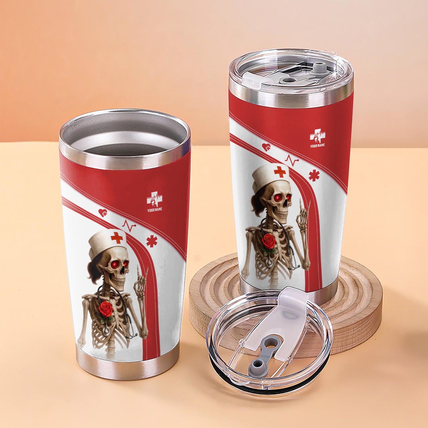 Red and White Skeleton Nurse Life Tumbler - Funny Custom Name Gift for RN LPN CNA - Dark Humor Stainless Cup for Healthcare Workers