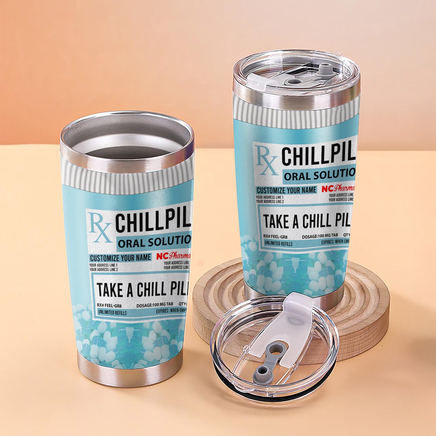 Custom Chill Pill Prescription Tumbler - Personalized 20oz Stainless Steel Cup - Funny Gift for Coworkers, Nurses, Doctors