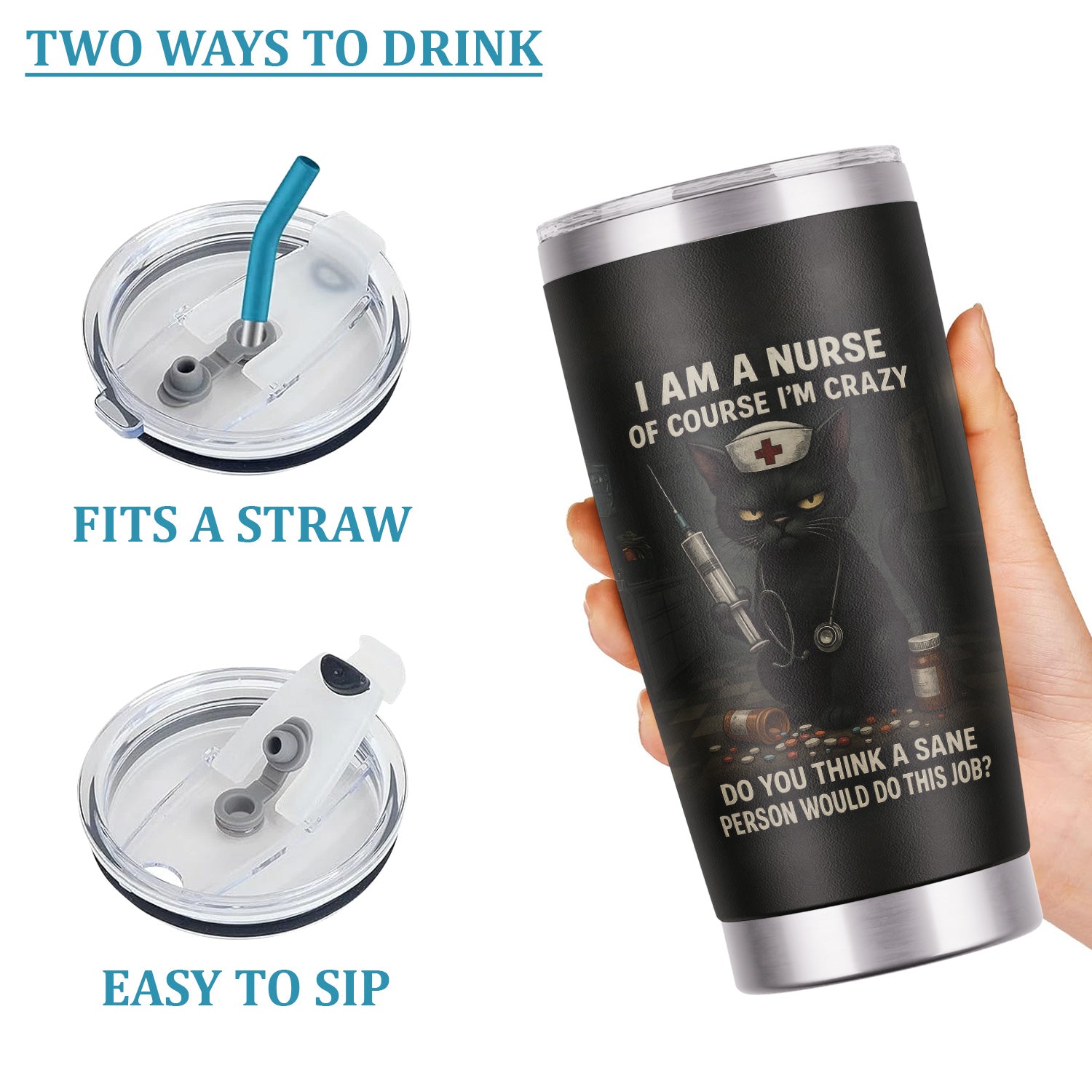 Custom Name Funny Nurse Tumbler - Crazy Cat Nurse with Syringe Quote - Dark Humor Gift for RN CNA LPN