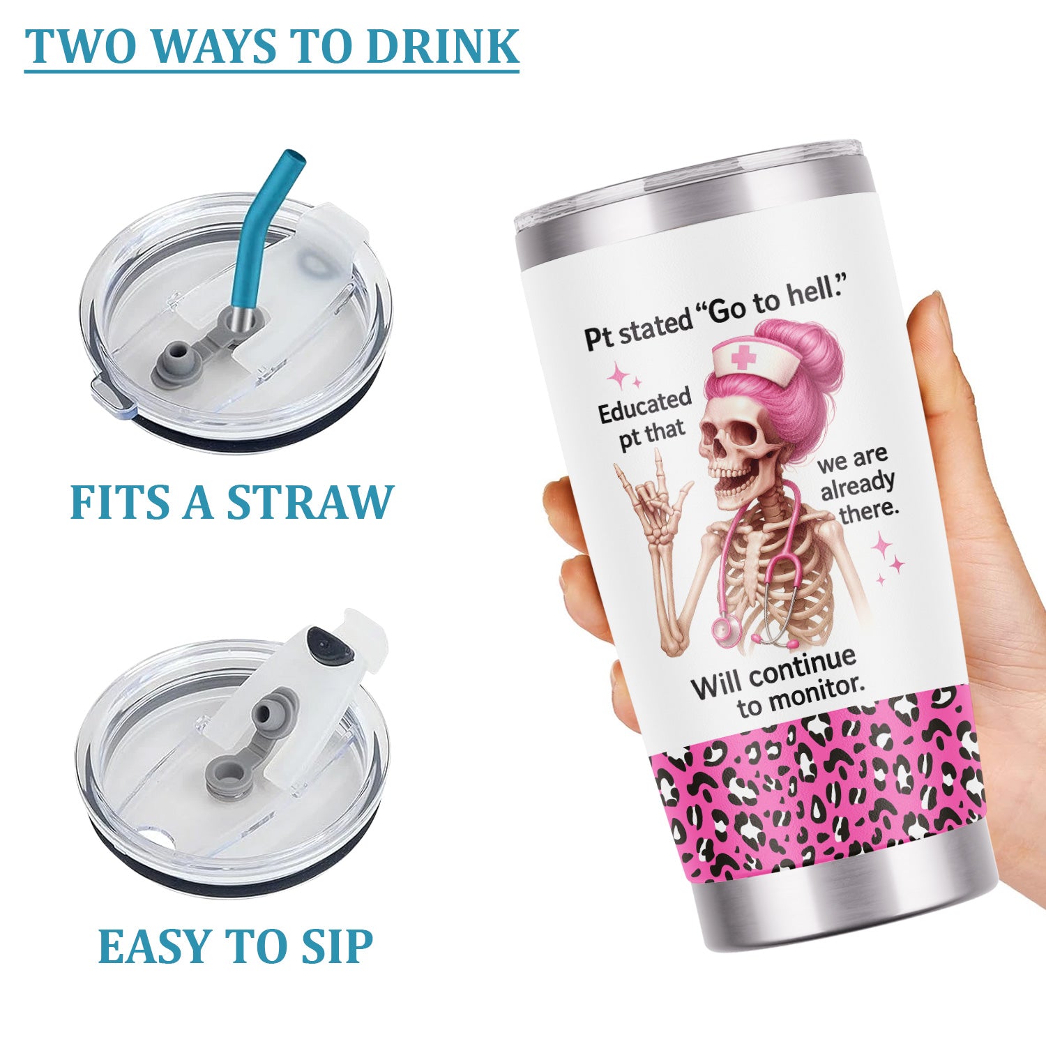 Hilarious Skeleton Nurse Tumbler - Pink Hair, Quote & Leopard Design - Personalized Gift for Sassy Nurses