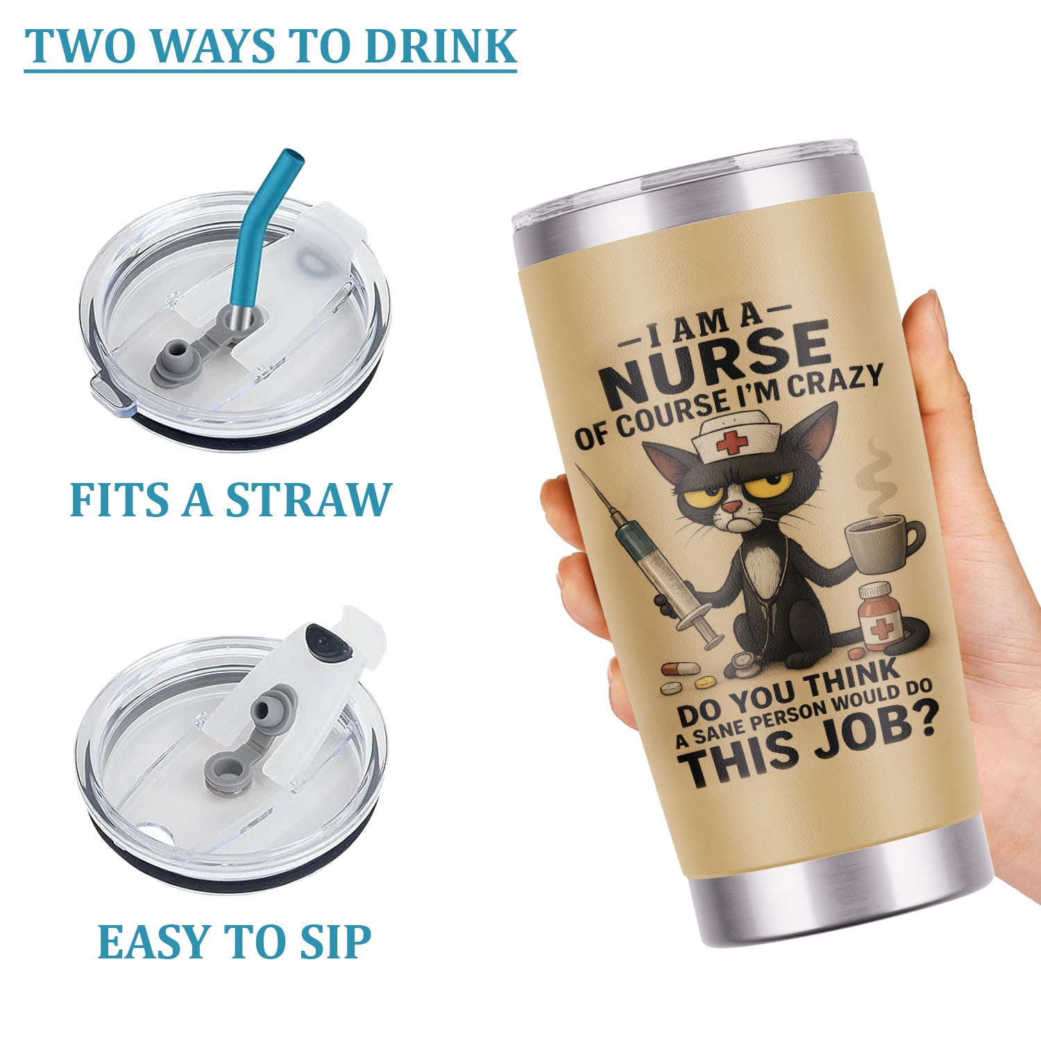 Custom Funny Nurse Tumbler - Angry Cat Design with Syringe Coffee & Pills - Hilarious Gift for Women RN CNA LPN