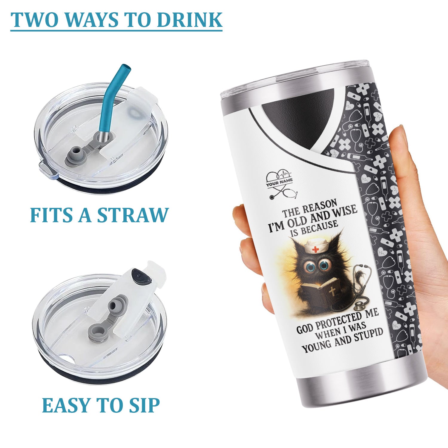 Personalized Nursing Tumbler for Women - Adorable Cat Cartoon with Bible Nurse Design - Funny Medical Gift for RN LPN CNA Staff