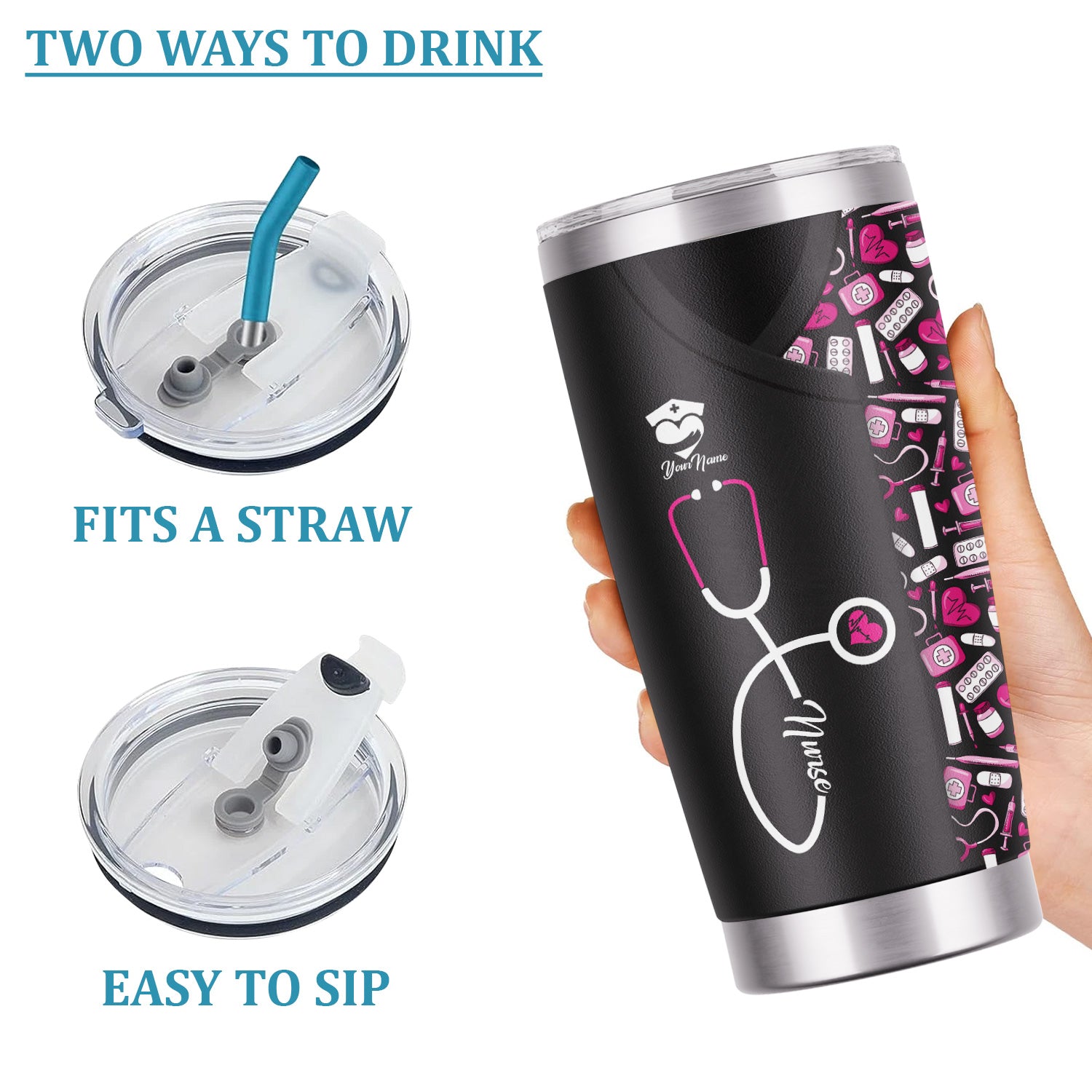 Funny Nurse Tumbler - Stethoscope & Medical Icons Design - Customizable Text Gift for Healthcare Workers, Nurses, LPN, CNA