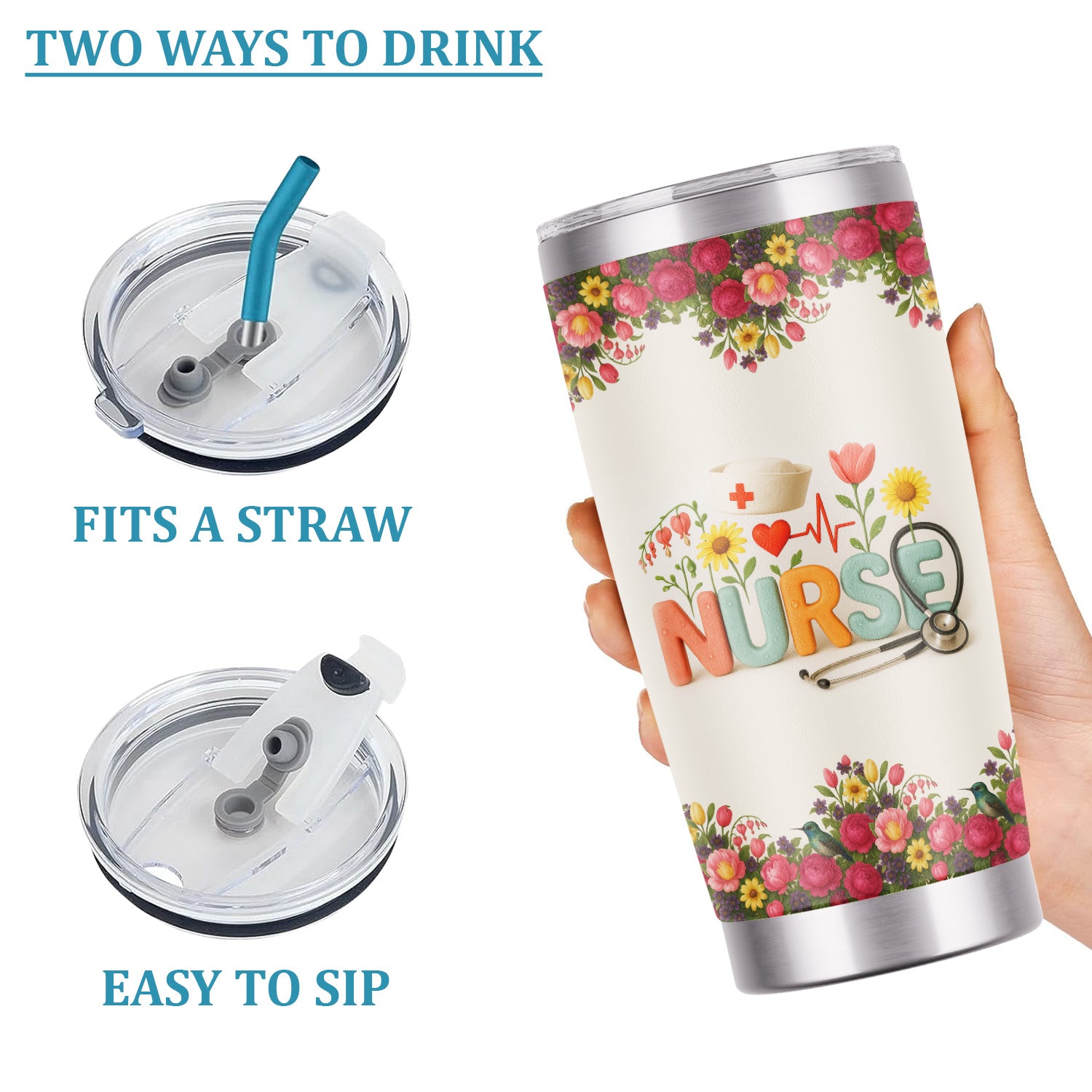 Personalized Floral Nurse Tumbler with Colorful Letters and Name - Cute Stethoscope Design - Thoughtful Gift for RN CNA LPN Women - Nurse Week or Birthday Idea