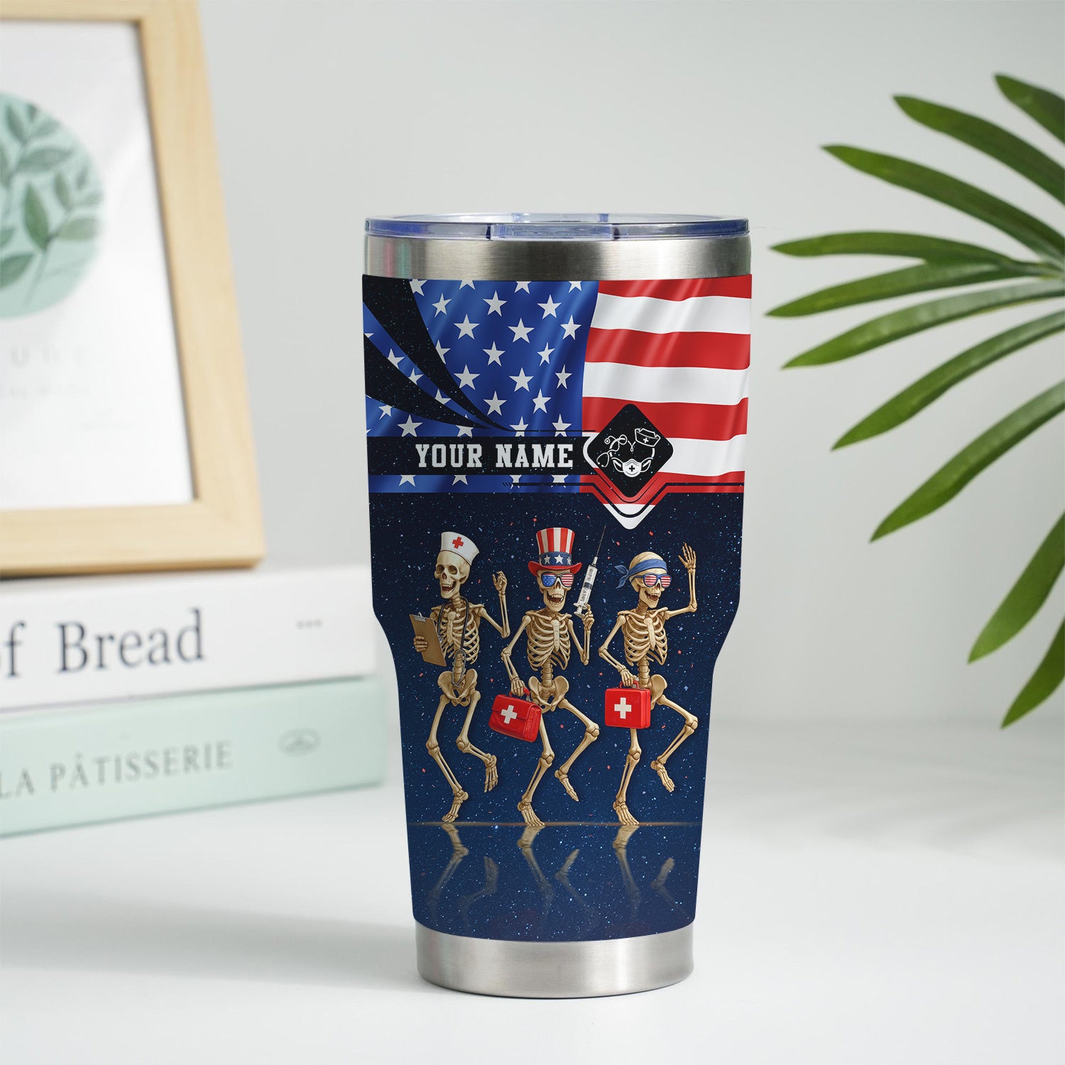 Personalized Skeleton Nurse Tumbler - 4th of July USA Flag Design - Funny Gift for RN LPN CNA Healthcare Workers