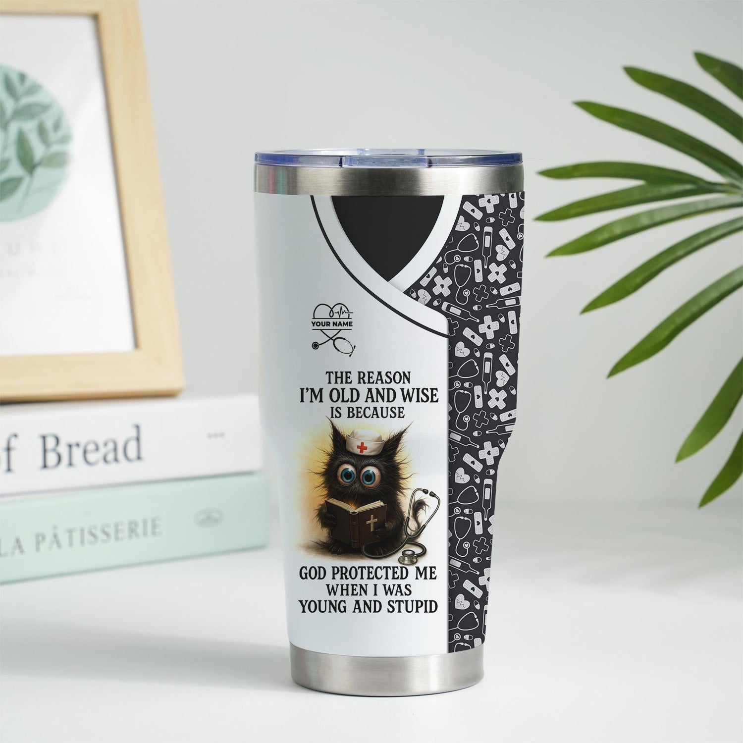 Personalized Nursing Tumbler for Women - Adorable Cat Cartoon with Bible Nurse Design - Funny Medical Gift for RN LPN CNA Staff